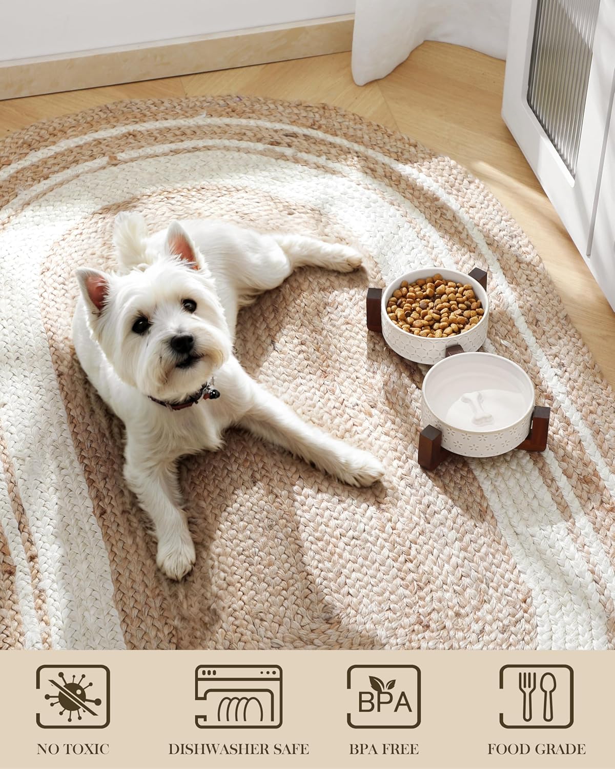 MALACASA Dog Bowl Set with Walnut Wood Stand, 1.5 Cups Ceramic Pet Bowls for Puppy Dogs, Dual Food and Water Bowls with Non-Slip Base, Basic Bowls for Your Dog or Cat, Five-Leaf Grass & Honeycomb - Image 4