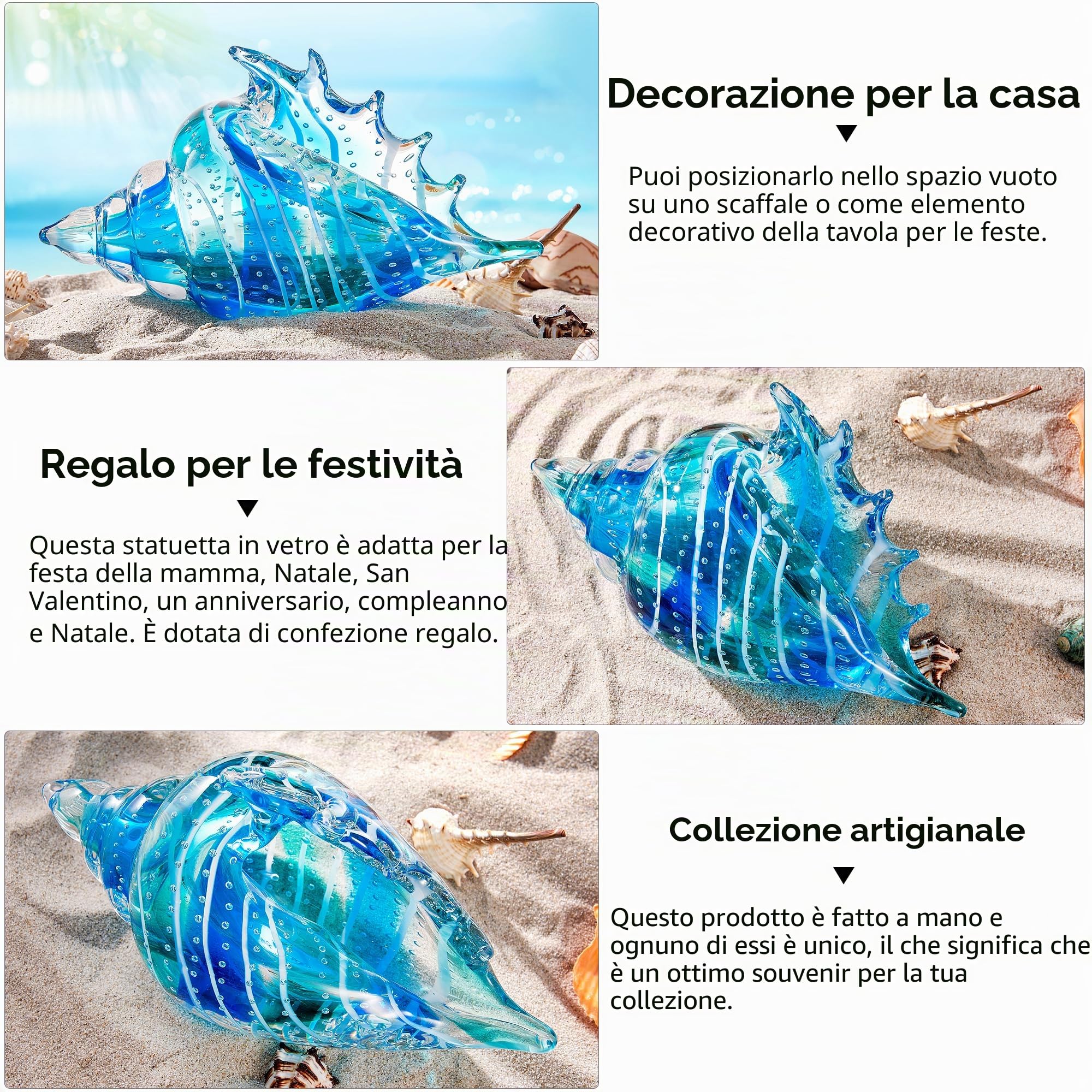 EUSTUMA Statuette di conchiglie in vetro soffiato a mano, ornamento a forma di animale marino per la decorazione della casa, collezione di animali marini per regalo di compleanno, conchiglia in vetro