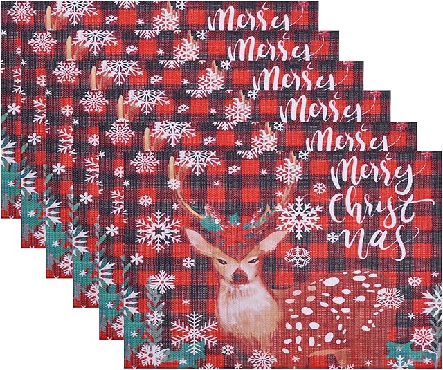 Miorkly Christmas Placemats,Place Mats Set of 6,Christmas Party Table Mats Decoration, Heat Resistant /Washable /Non Slip PVC Table Place Mats,Woven Vinyl Table Placemats,a Deer(45x30CM)
