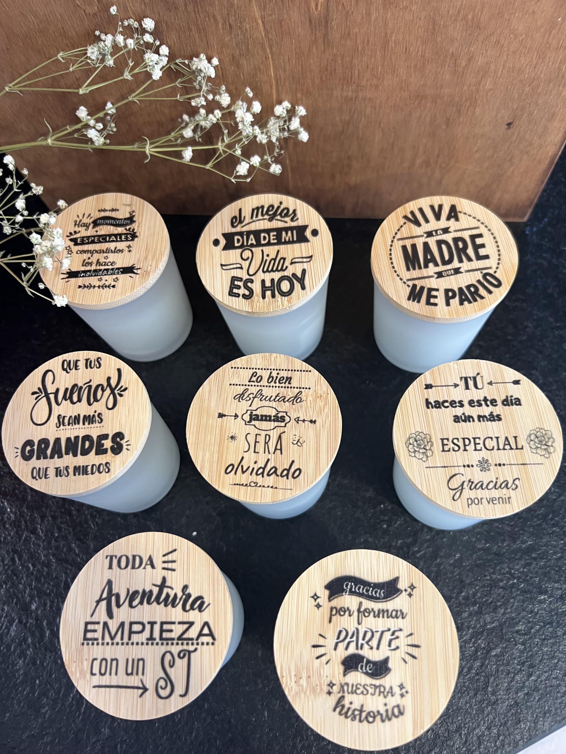 Uvimark - Detalles de boda, comunión, bautizo - Set de 10 velas aromáticas con mensaje - Velas estampadas con tapa de madera - Regalos Originales
