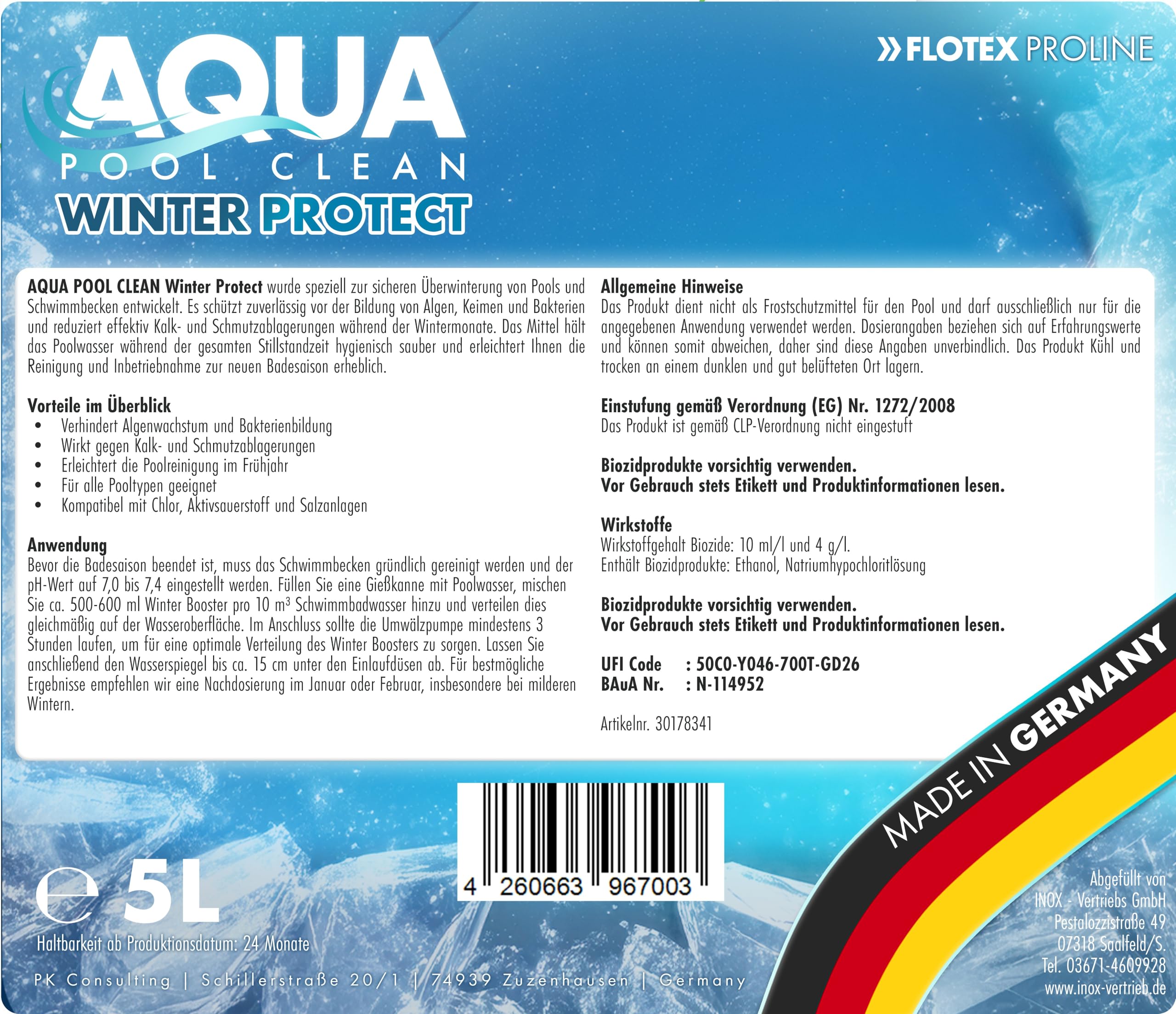 Aqua Pool CLEAN Winter Protect I Pool Wintermittel I Winterschutzmittel für Pools I Wintermittel für Pool I Pool Überwinterungsmittel Algizid I Einfache Winter Poolpflege (5L)