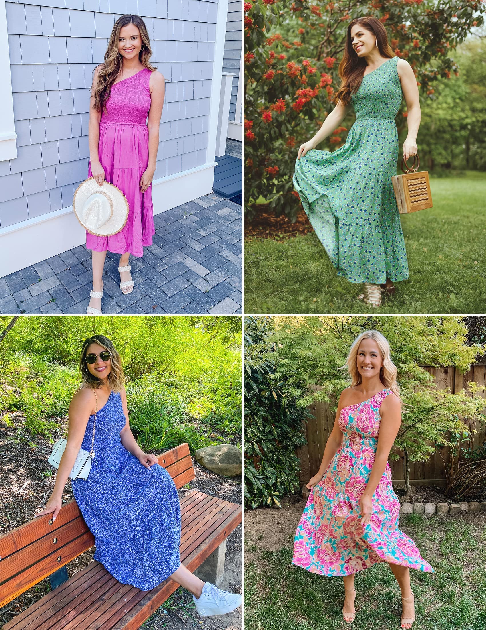 ZESICA Women's 2025 Bohemian Summer Floral Print One Shoulder Sleeveless Smocked Ruffle Tiered Beach Long Midi Dress