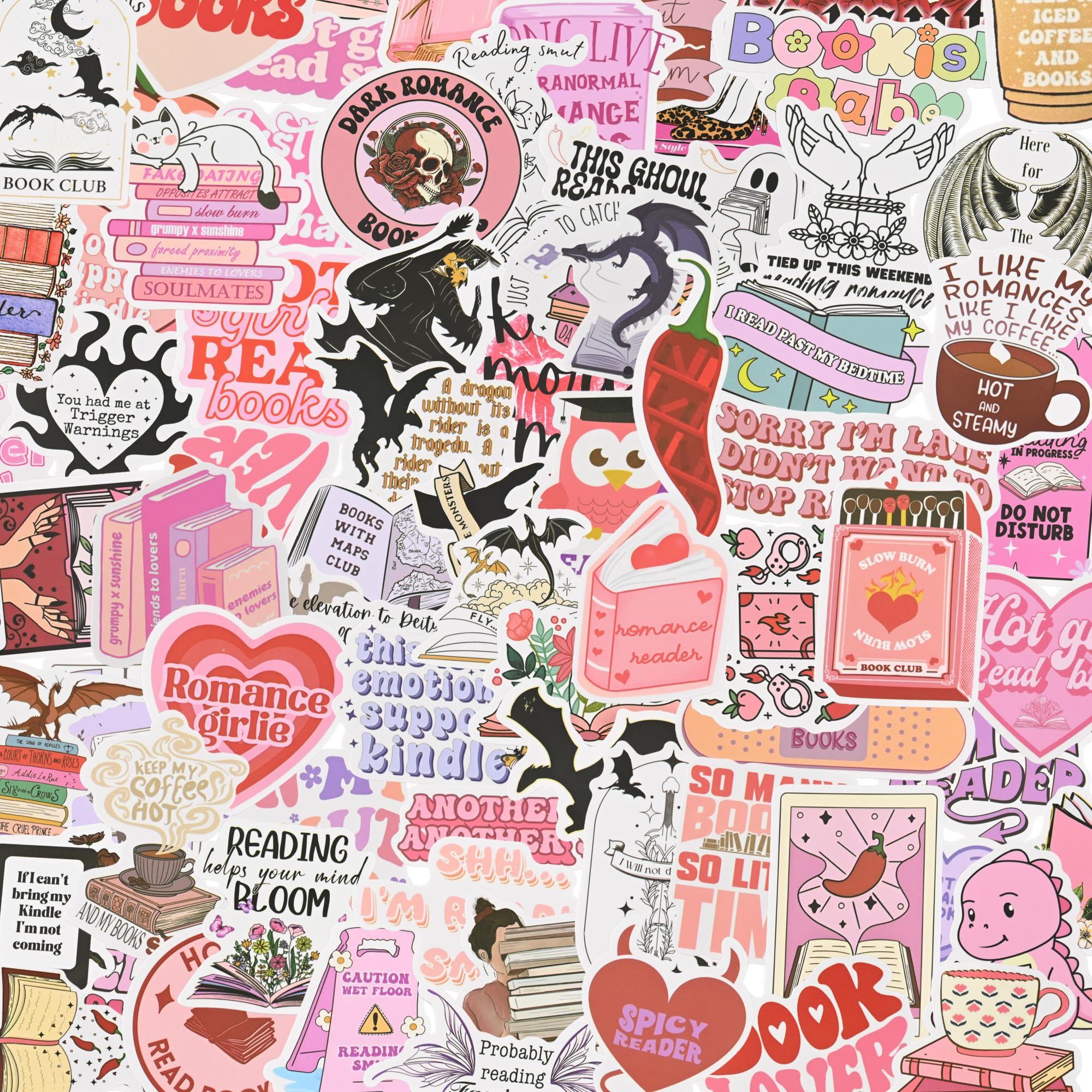 100PCS Book Stickers, Bookish Stickers for Kindle, Funny Cute Waterproof Sticker, Pink Aesthetic Sticker for Water Bottles Laptops Skateboard Luggage