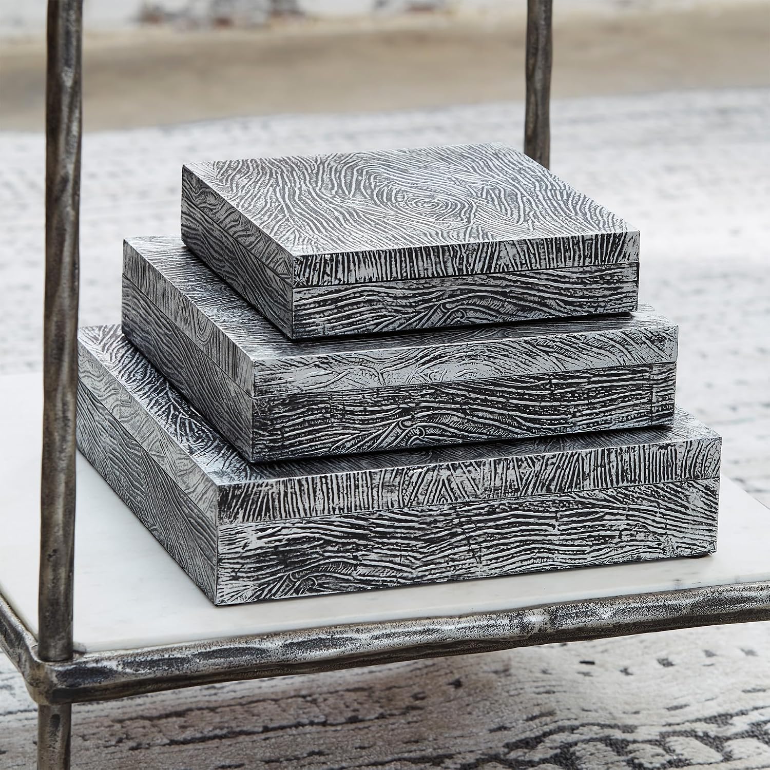 Signature Design by Ashley Keldy Modern 3 Piece Metal & Wood Storage Box Set, Antique Gray
