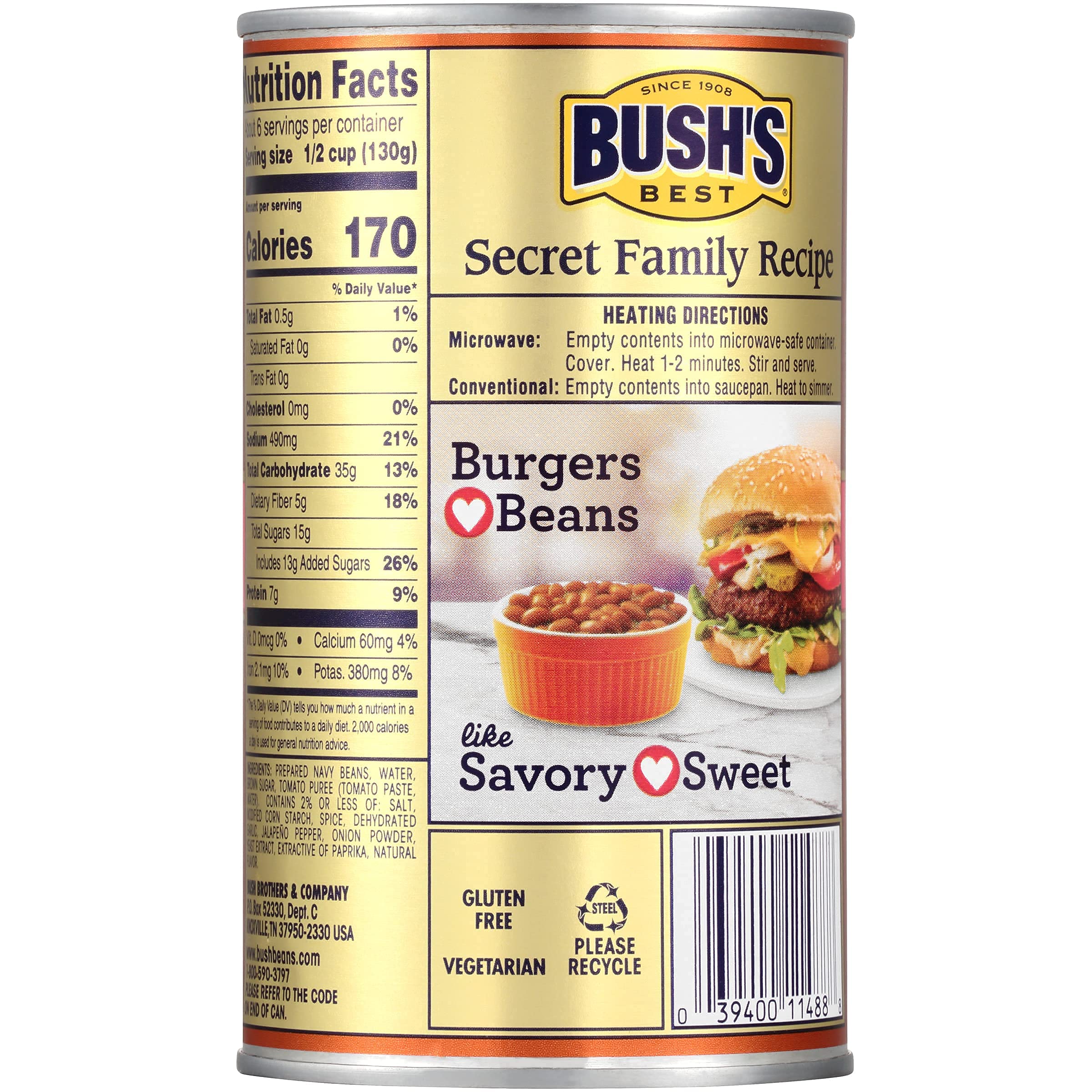 BUSH'S BEST Sweet Heat Baked Beans, Sweet & Spicy, Canned Beans, Baked Beans Canned, Source of