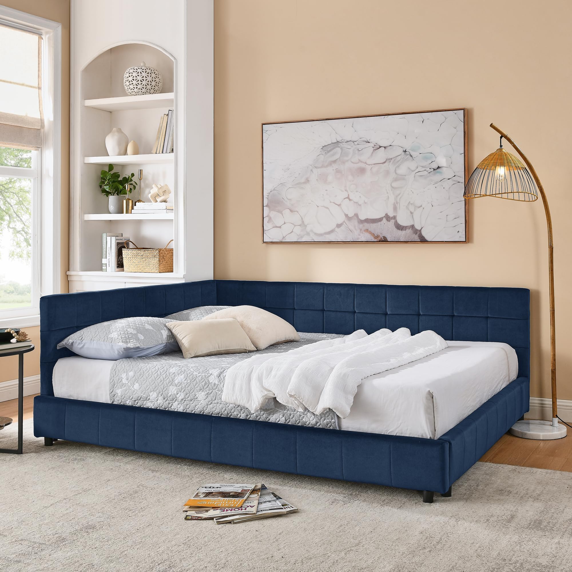 KEIKI Queen Size Upholstered Tufted Bed Frame, Sofa Bed Frame with Comfortable Backrest and Armrests, Queen Size Bed for Bedroom, Living Room,Velvet, Dark Blue(85.5''*64.5''*30.5'')