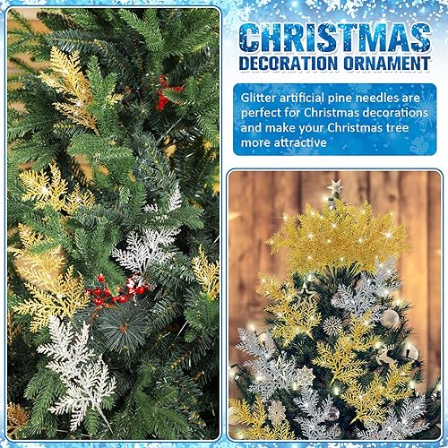 Miniatura 3 de Waydress 32 agujas de pino artificiales de Navidad, ramas con purpurina, hojas, ramitas de pino pequeñas, flores de Navidad, para arreglos verdes,