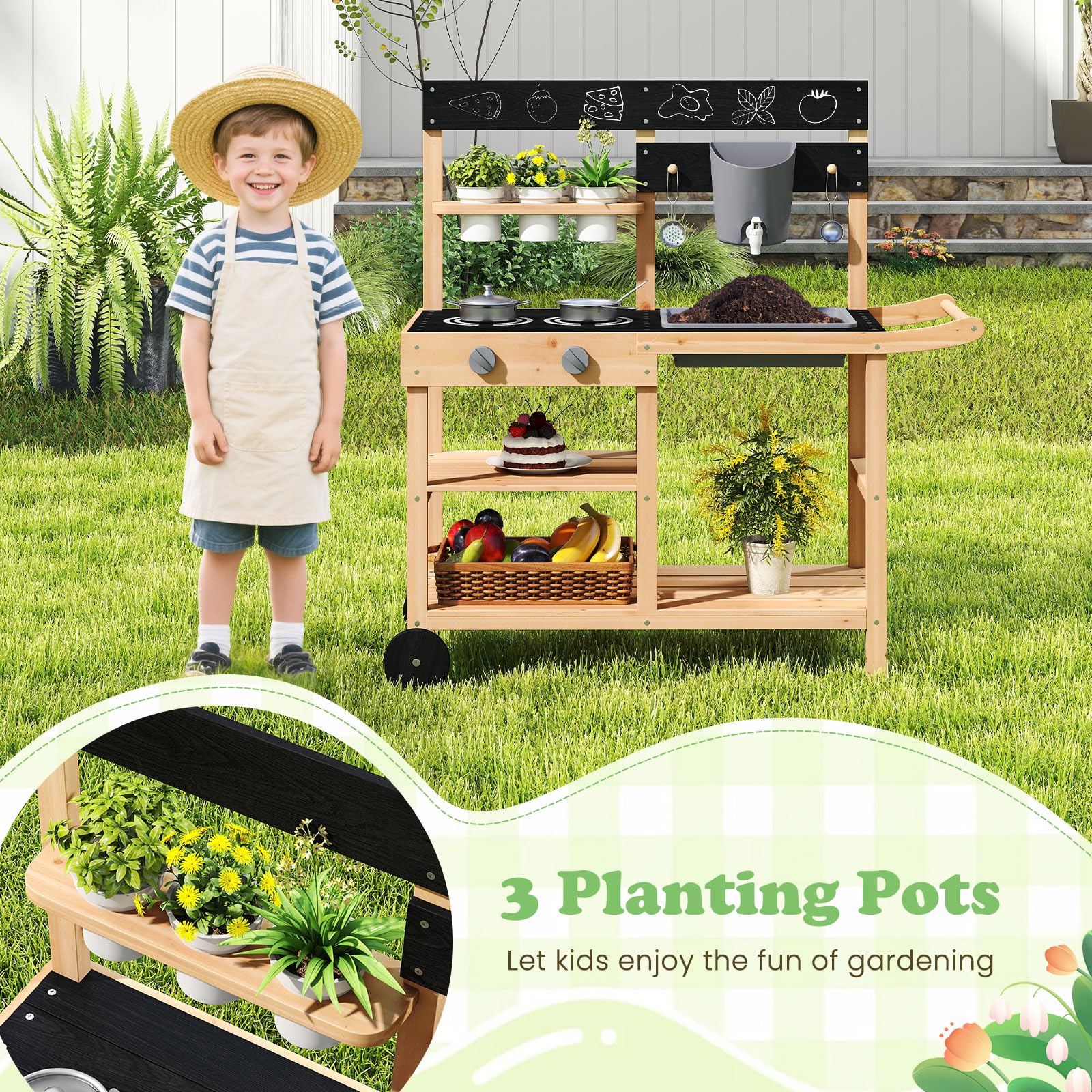 Costzon Mud Kitchen with Wheels, Wooden Kids Potting Bench with Planting Pots, Blackboard, Sink, Faucet, Cooking Accessories, Outdoor Play Kitchen for Backyard, Garden, Gift for Boys Girls