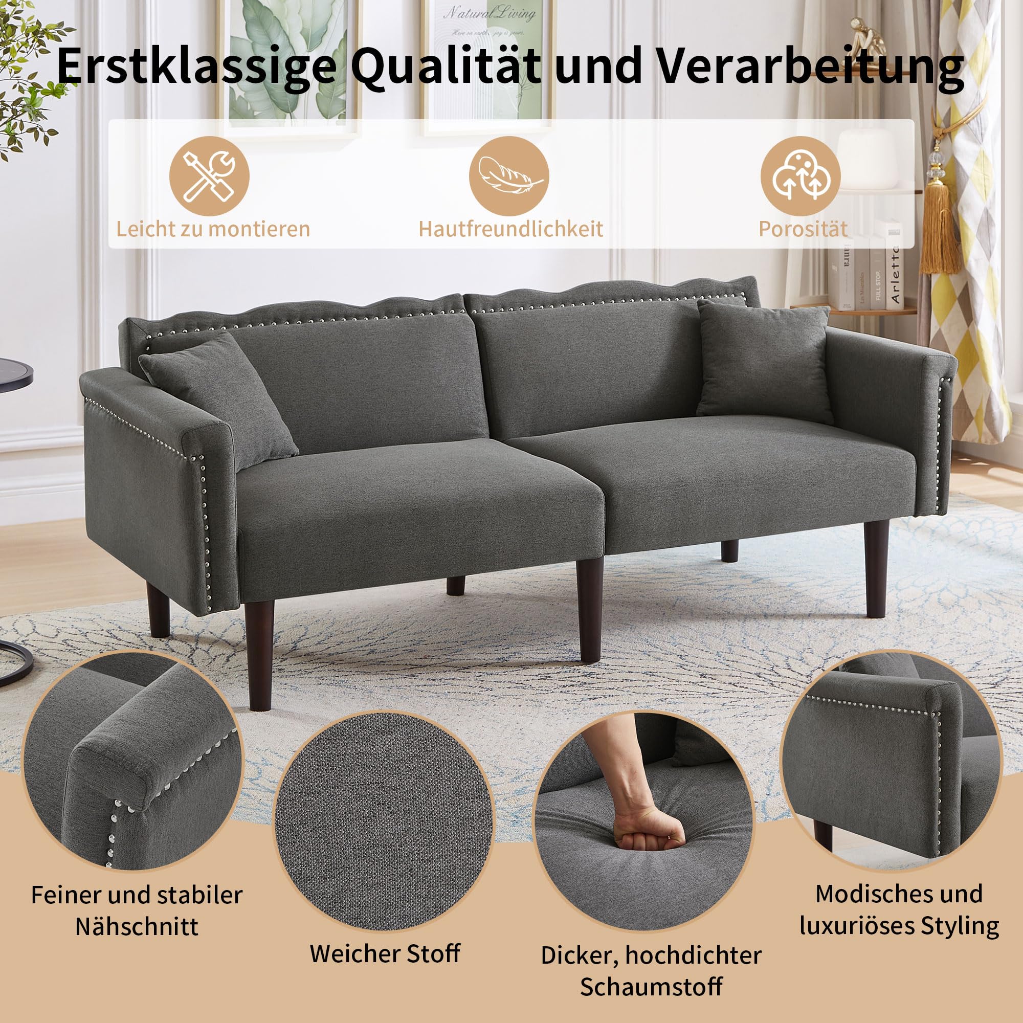 Divano Letto 2 Posti In Velluto Grigio - Schienale Regolabile, Gambe Legno, Per Appartamenti - Foto 6