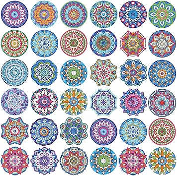 Saillong 36 Pcs Mandala Diamond Painting Sticker 5d DIY Diamond Sticker Mandala Painting Creative Decals Resin Rhinestone Gem Art Kits for Refrigerator Boho Home Crafts Adults Gift Decor