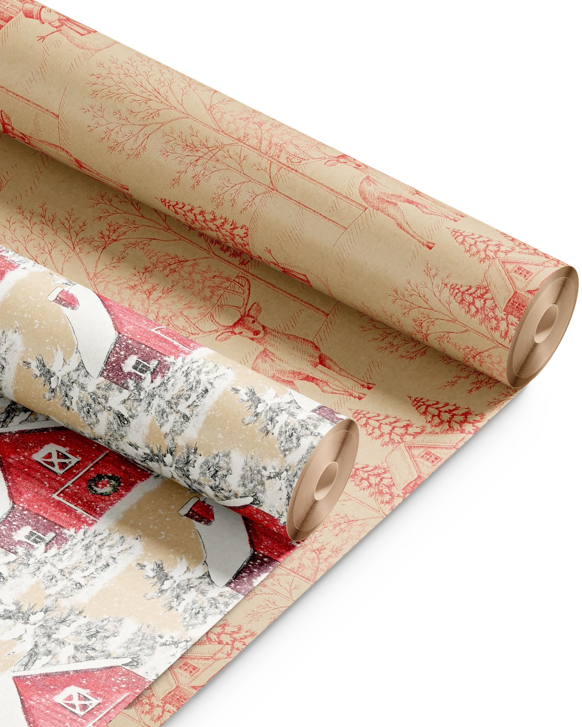 Kraft & Co 2 Pack Christmas Wrapping Paper Roll - Festive Designed Recyclable Kraft Paper, Perfect for Holiday Gifts, Arts & Crafts-Wrapping for a Merry Christmas (44.5cm x 25m) - Snow/Snow