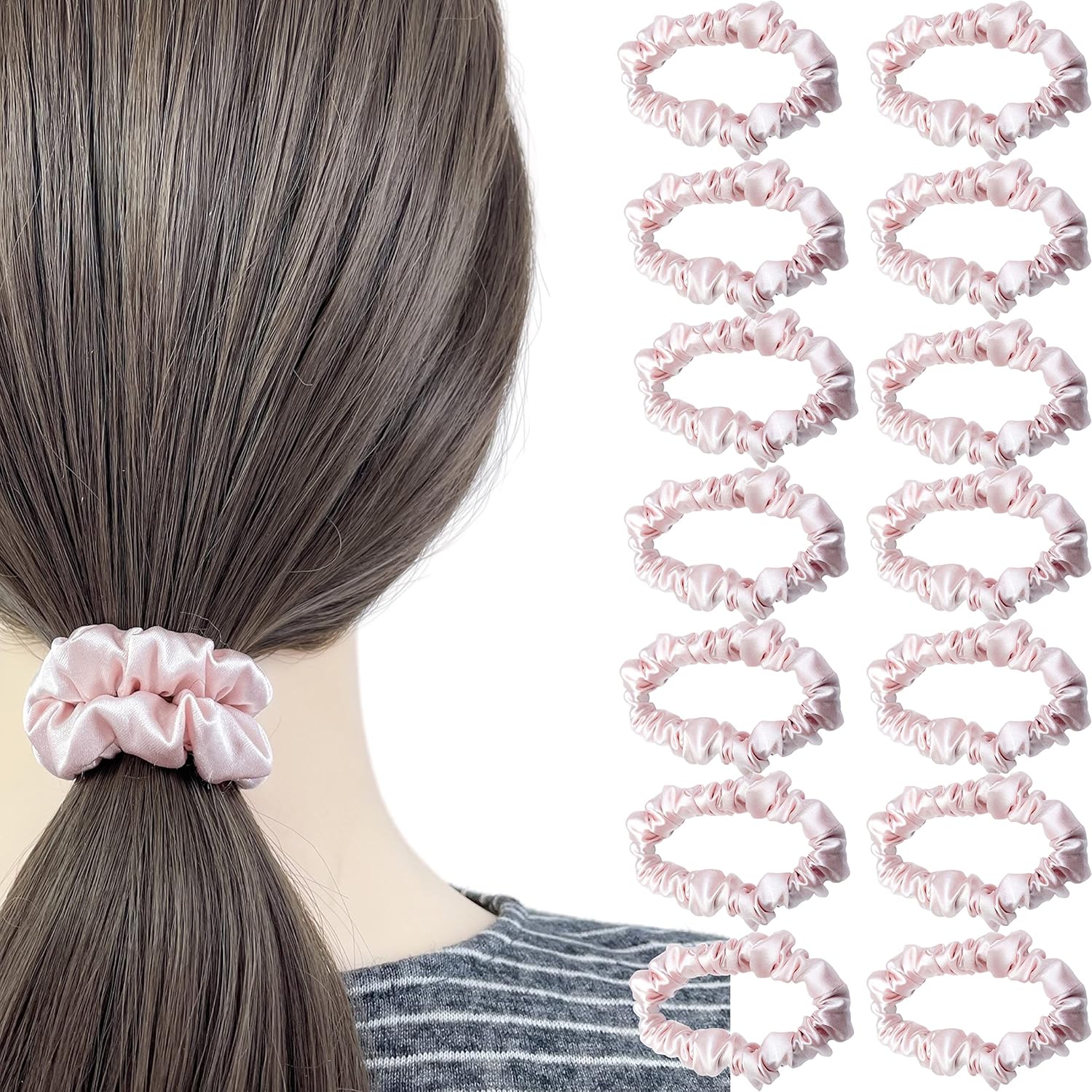 15PCS Solid Colors Fancy Mini Skinny Scrunchies Hair Ties Ropes Soft Satin Scrunchy Fashion Hair Elastics Bands Cute Ponytail Holder (Creamy pink)