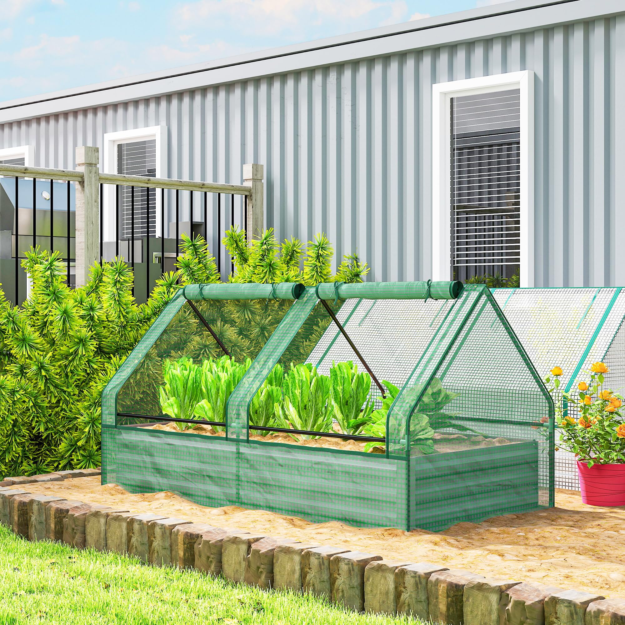 Outsunny Jardinera Exterior Grande con Mini Invernadero, Huerto Urbano de Acero Galvanizado con Base Abierta, Resistente a la Intemperie, para Patio, Terraza, Balcón, 185x95x92 cm, Gris y Verde