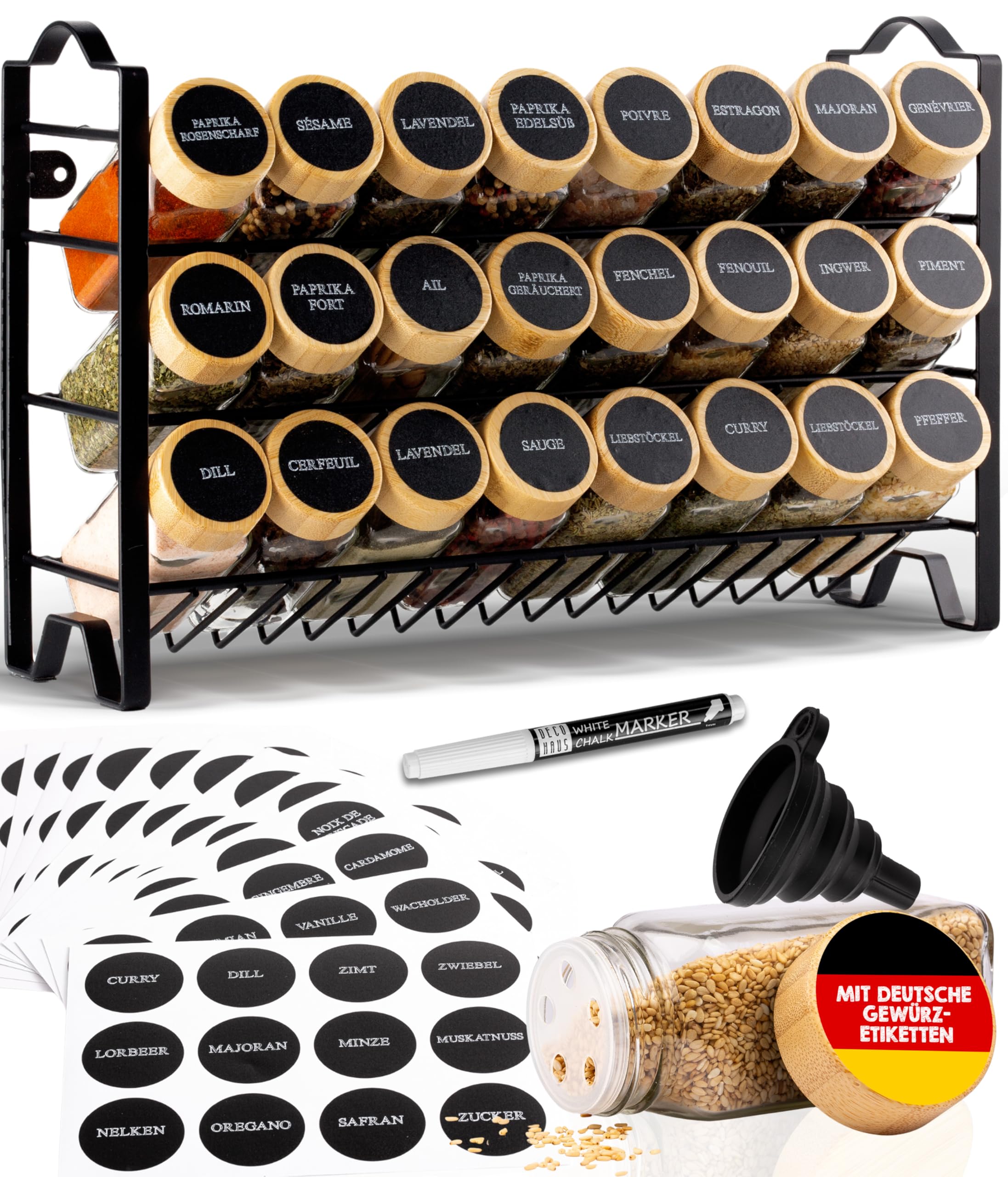 Deco haus® Gewürzregal Stehend & Wand [MIT GEWÜRZDOSEN & ETIKETTEN] - Gewürz Organizer - Spice Rack Organizer - Gewürzständer - Gewürzregalsystem Hängend - Gewürzaufbewahrung - Gewürzgläser mit Regal