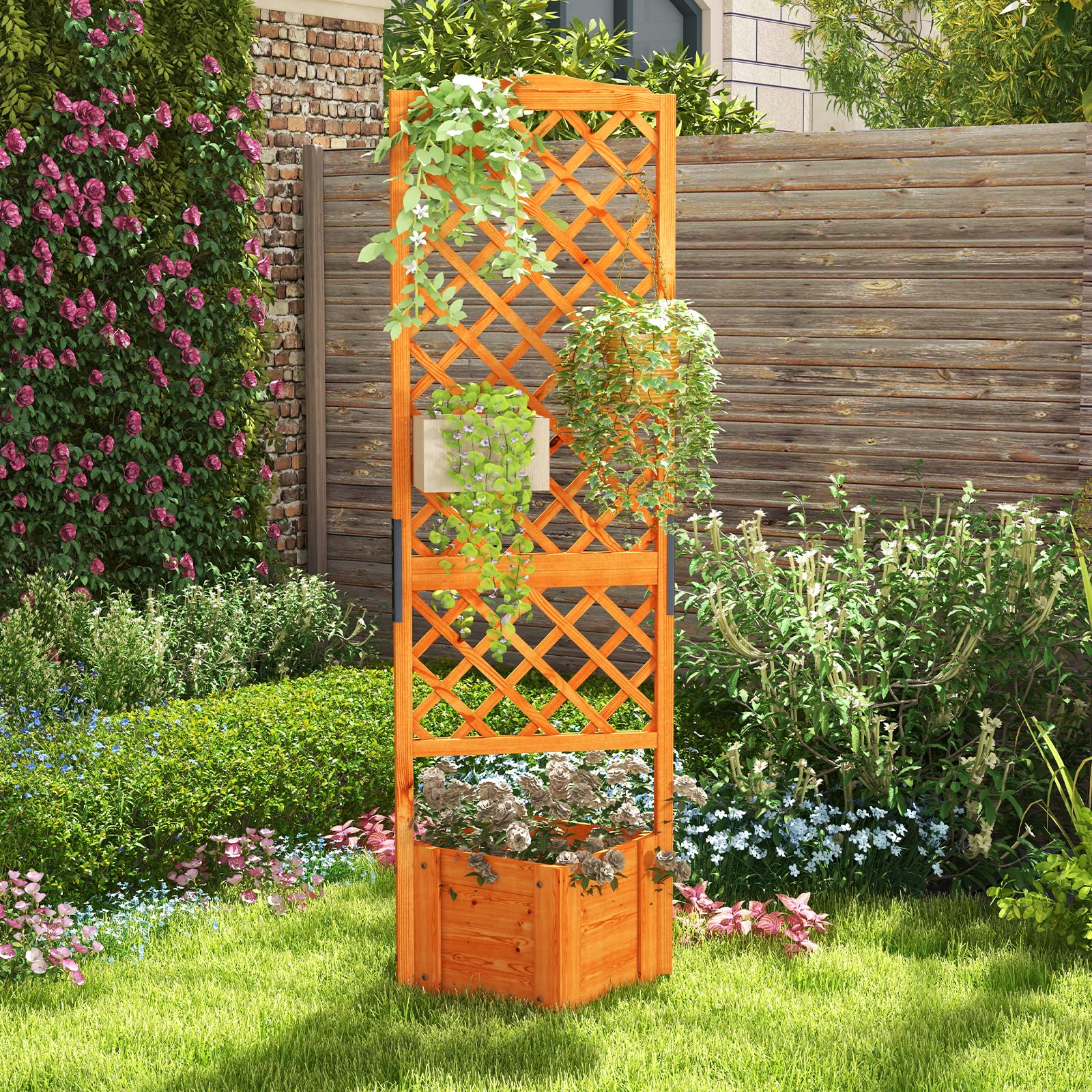 HOMASIS Jardinière avec treillis - 180 cm - Jardinière surélevée en bois avec treillis et trou de drainage - Parterre de fleurs pour plantes grimpantes, bac à fleurs pour balcon, jardin, terrasse,