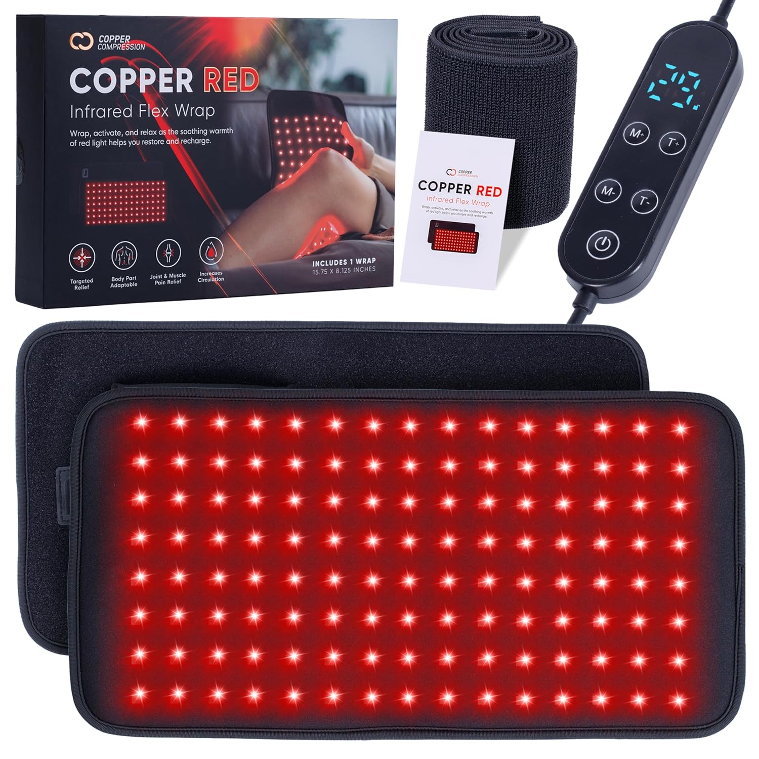 CopperRed™ by Copper Compression Infrared Flex Wrap Red Light Therapy Device. 660nm Red Light & 850nm Near Infrared NIR. 120 LED Emitters, 360 Light Chips, Adjustable Strap, Timer, 8 Intensity Levels for Muscle & Joint Comfort