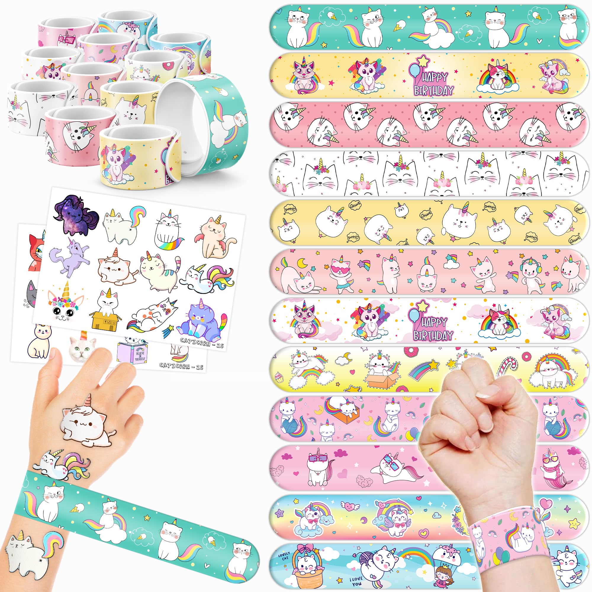 Generic 48PCS Caticorn Party Favors - 24PCS Tattoos & 24PCS Slap Bracelets - Cat Unicorn Birthday Supplies, Kitty-Themed Decorations, Classroom Prizes, Gifts for Girls & Boys