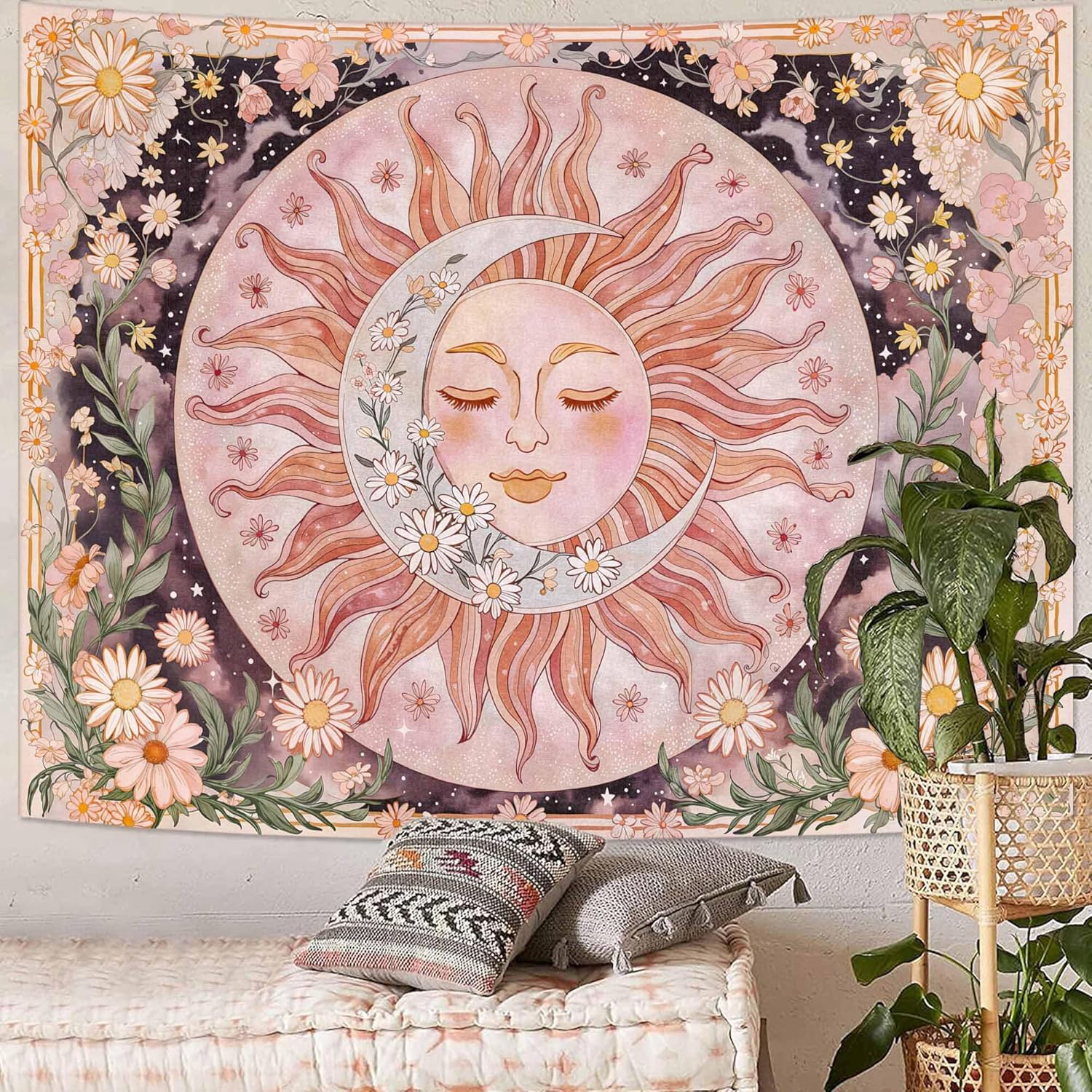 Neasow Sun Moon Daisy Tapestry, Boho Aesthetic Floral Wall Art, Pink Hippie Decor for Living Room Bedroom Home, 60x80 inches