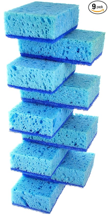 Okleen Blue Multi Use Scrub Sponge. Made in Europe. 9 Pack, 4.3x2.8x1.4 inches. Odorless Heavy Duty and Non Scratch Fiber. Durable and Delicate Scrubbing for Dishes and in Everyday Household Washing
