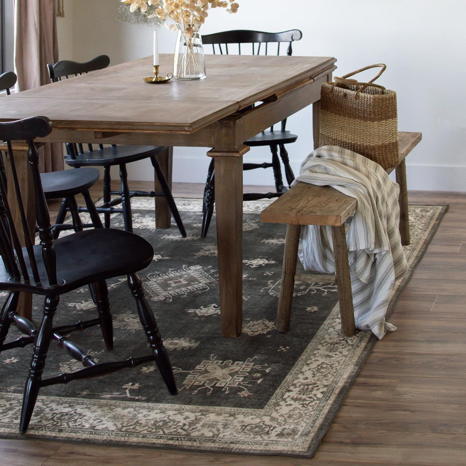 ruggable washable vintage area rug – verena dark wood 5x7, stain-resistant, non-slip – medium machine washable rugs for living room, bedroom, hallway, entryway & office–with standard pad 5'x7' dark wood - standard pad
