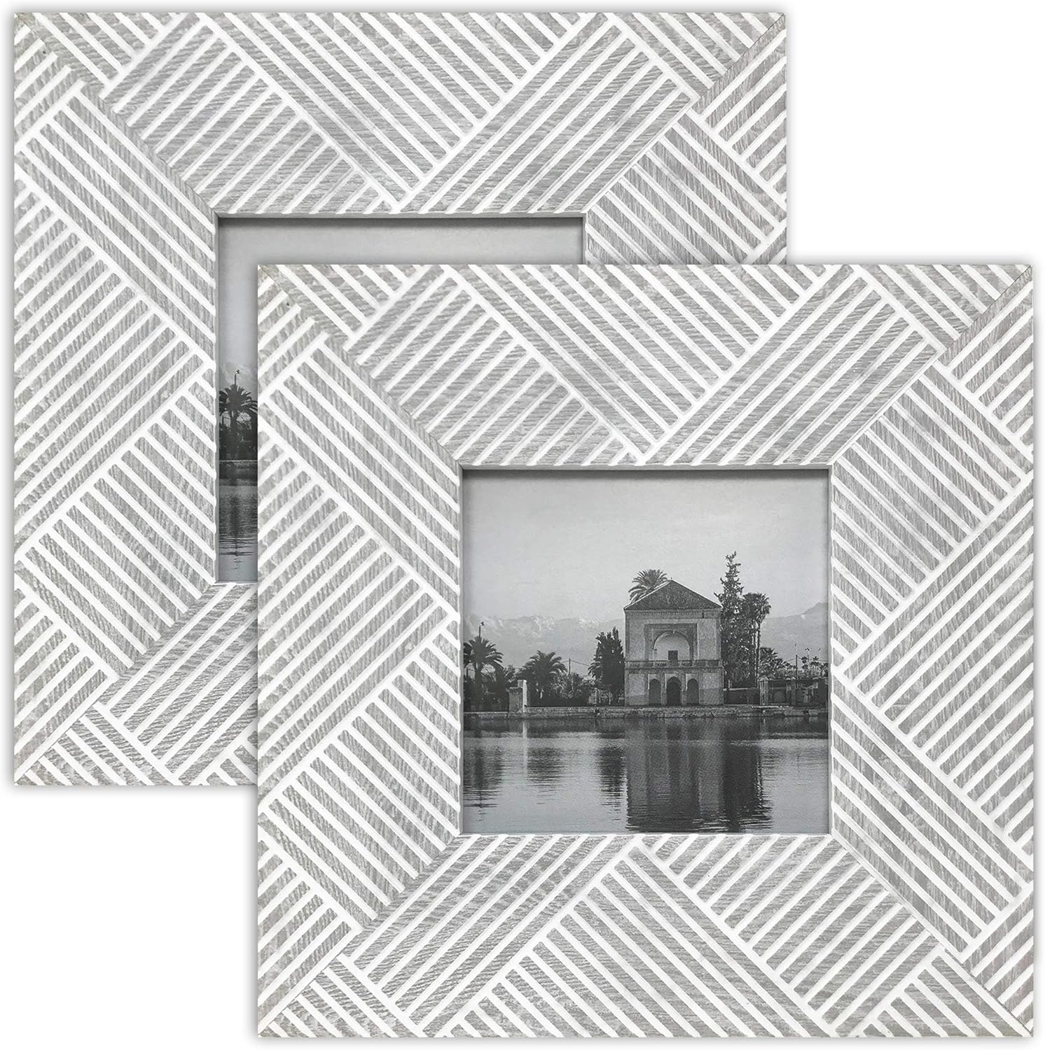 pf+a Square 4x4 Picture Frames, Chevron Textured Wide GreyWhite Frames Pack of 2