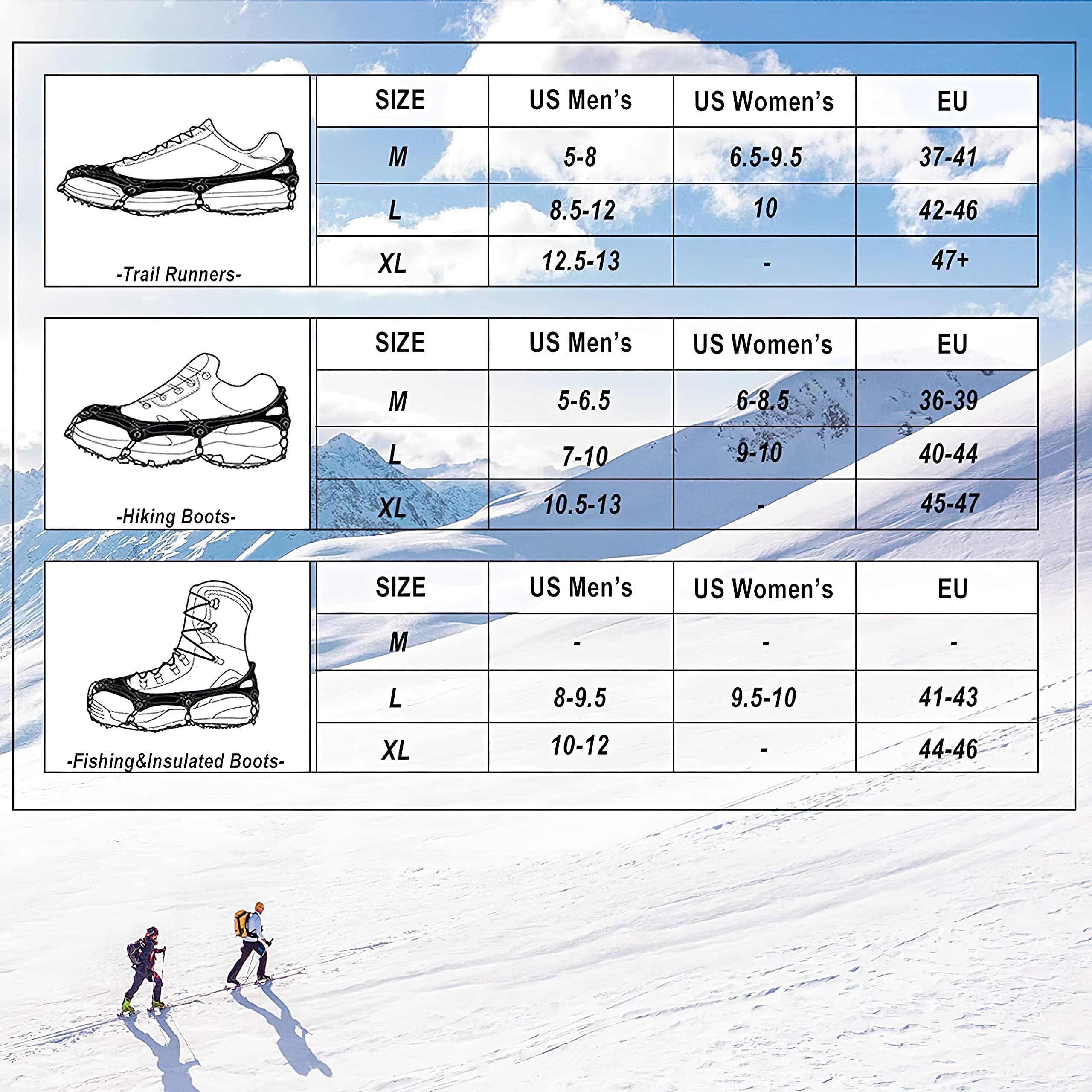 24 ramponi tacchetti da ghiaccio trazione neve grip catene per stivali donne uomini bambini per scarpe da trekking e stivali in acciaio antiscivolo escursionismo pesca passeggiate alpinismo