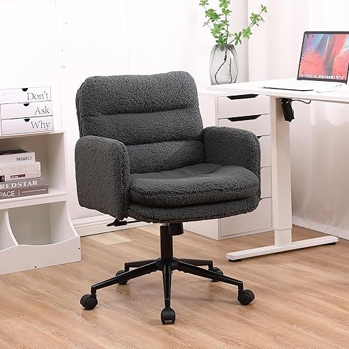 Miniatura 2 de Youhauchair Silla tapizada para oficina en casa, cachemira sintética, moderna, respaldo medio, silla de escritorio con ruedas, ergonómica, altura