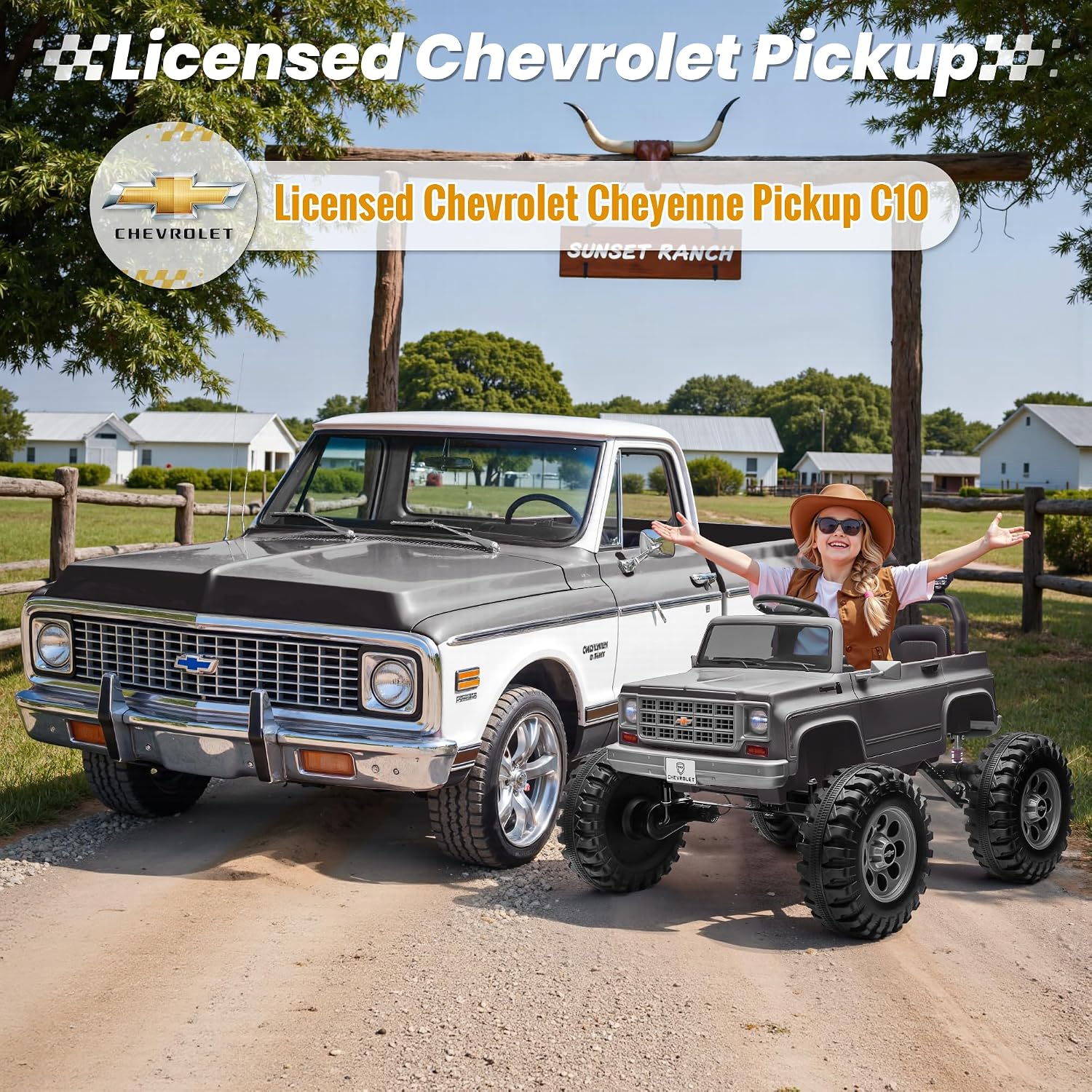 24V Ride on Car, Licensed Chevrolet Cheyenne Truck w/2X200W Motor, Remote Control, Decoration Streamer, 24 Volt Ride on Toys Power Big Wheels for Big Kids, Grey