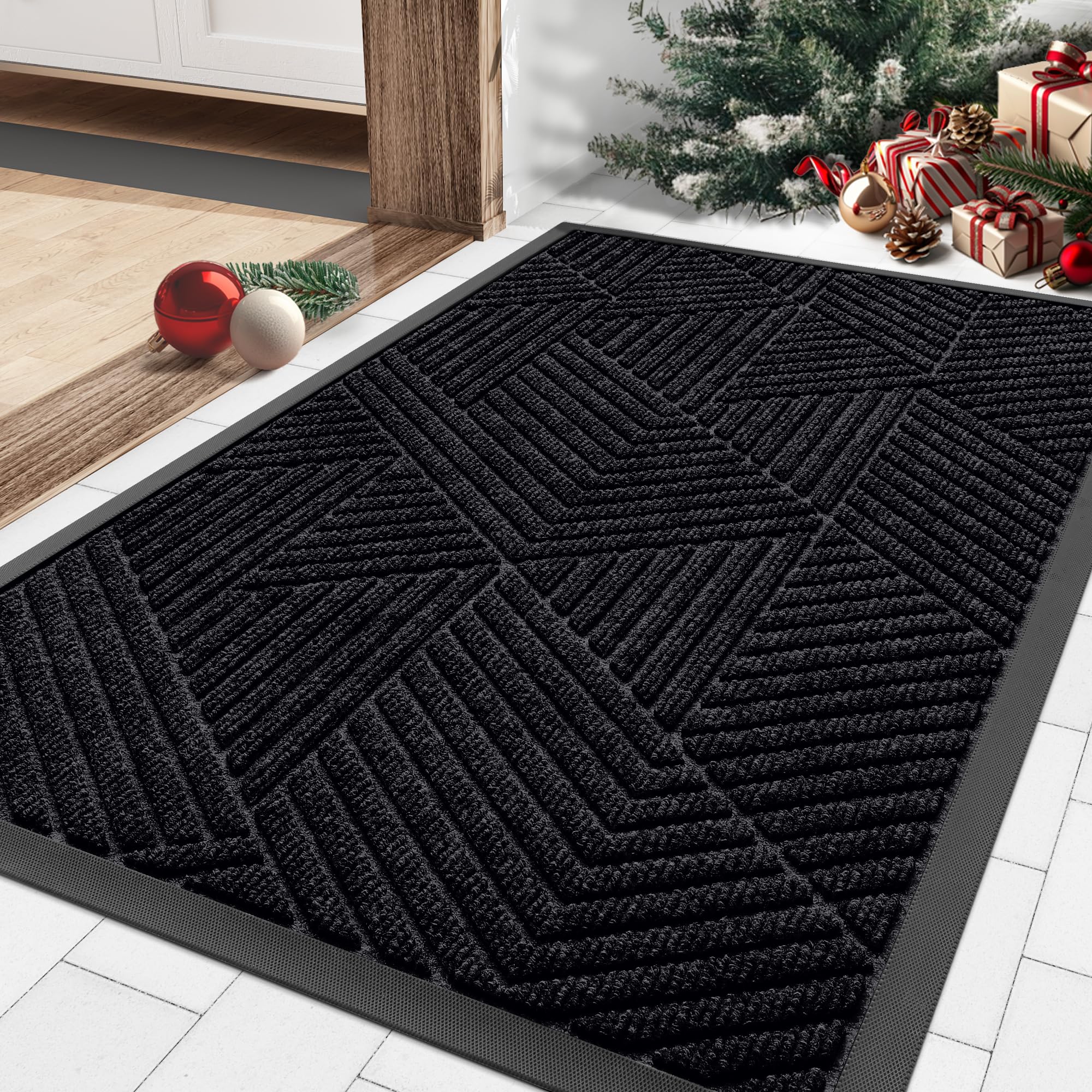 Smiry Front Door Mat Outside Entrance, Heavy Duty Sturdy Natural Rubber Doormat, Trap Dirt and Moisture, Easy Clean Low Profile Mats for Indoor Outdoor Entry, Irregular Triangle (29.5x17, Black)