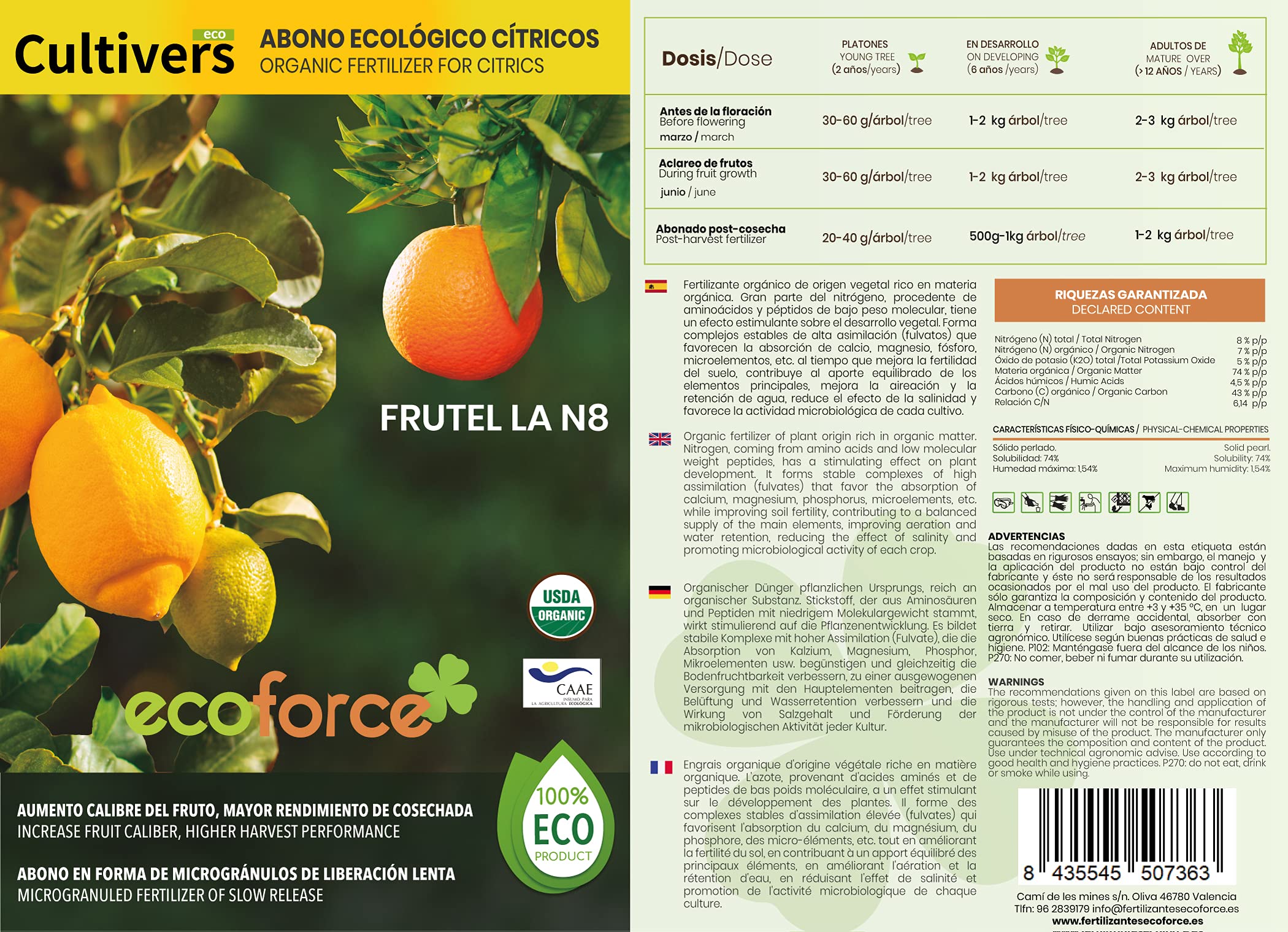 CULTIVERS Abono Cítricos Ecológico 5 kg. Fertilizante Origen 100% Orgánico y Natural Microgránulado. Mayor Rendimiento