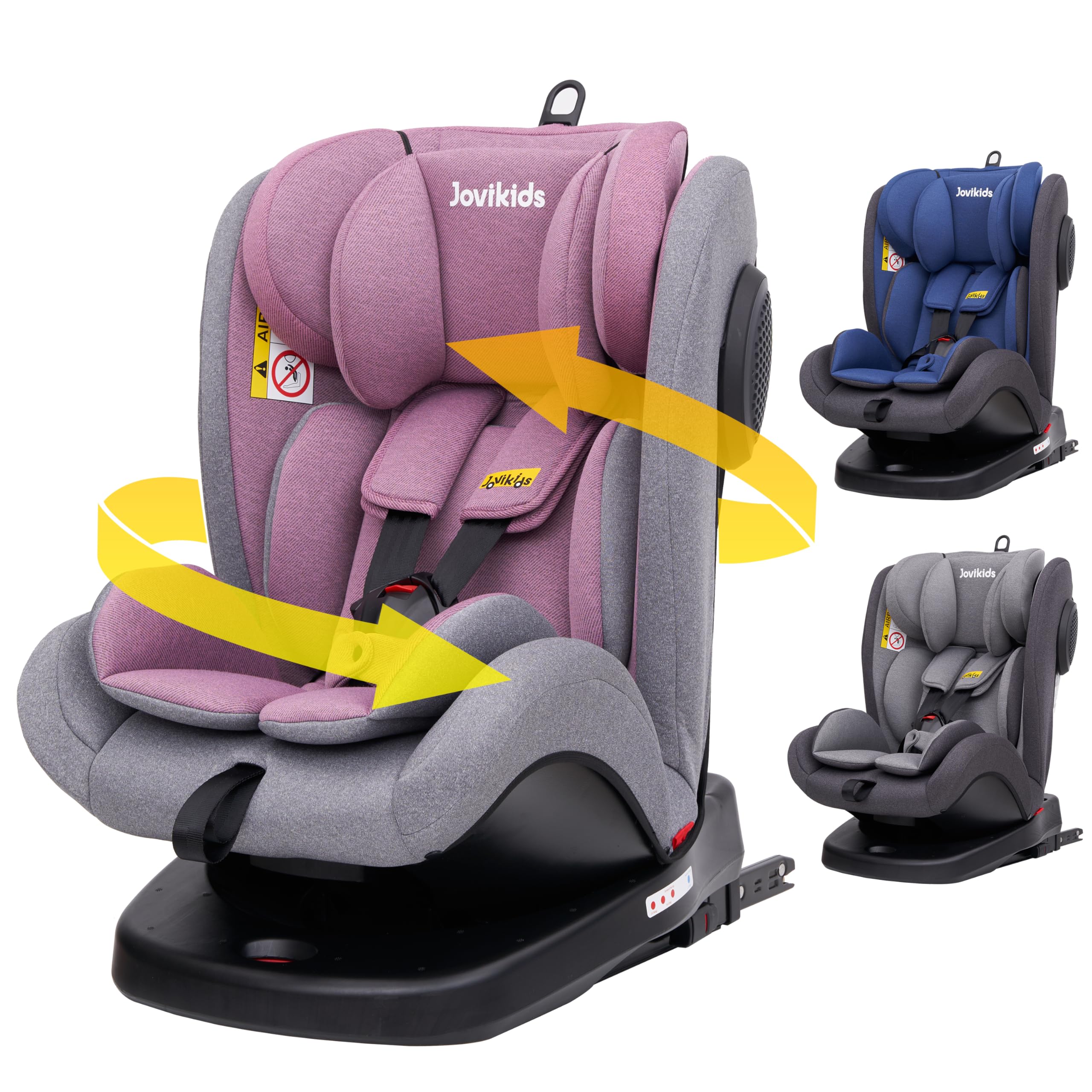 Jovikids Safety Baby Car Seat with Isofix and Top Tether, 360 Degree Swivel Child Car Seat for Group 0/1/2/3, 0-12 Years Old, ECE R44/04, Pink