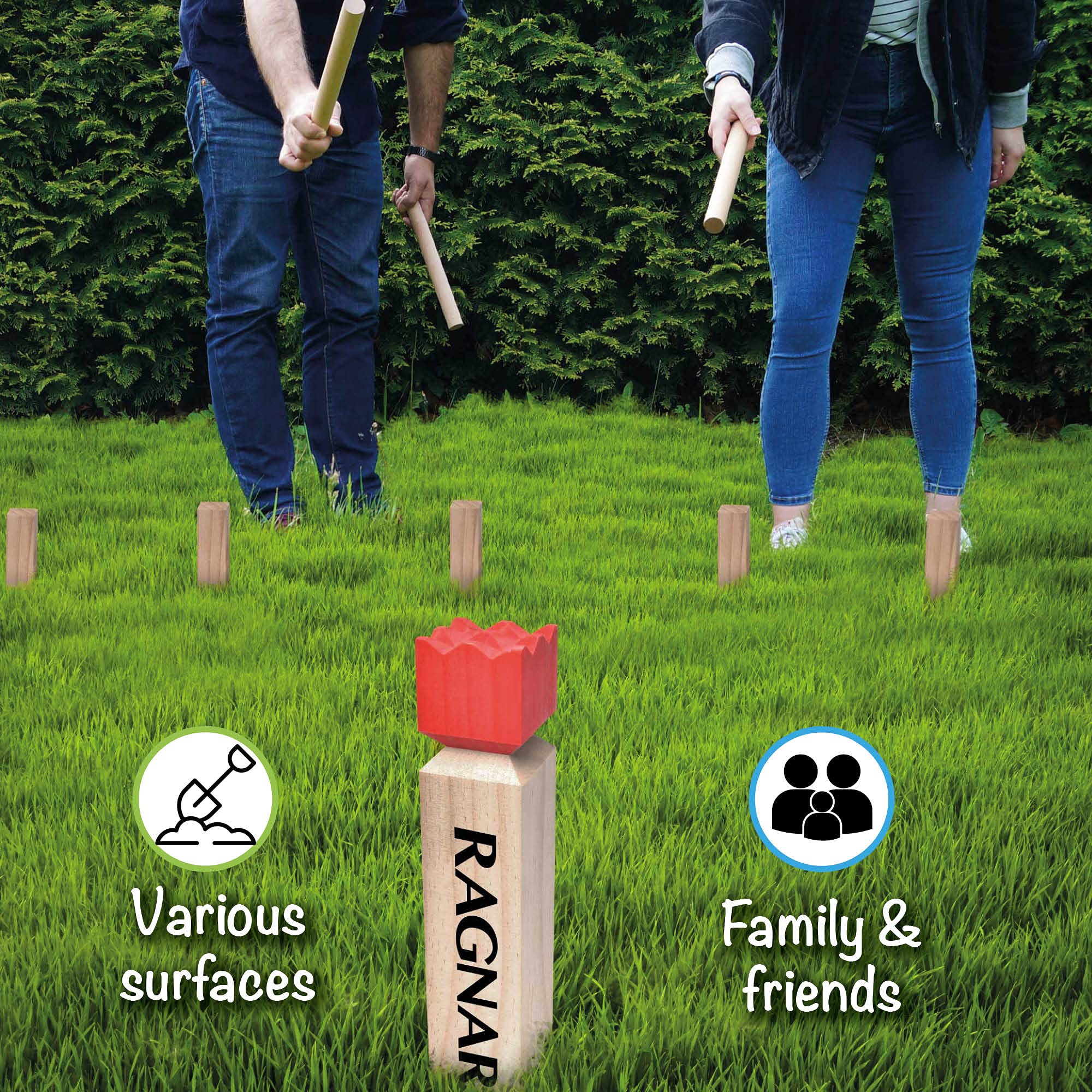 Toyfel Original Jeu de Kubb XXL en Bois Massif FSC® avec Sac de Transport & Mètre Ruban - Jeu Viking Extérieur - Quille Nordique – Ragnar