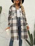 Women's Flannel Plaid Shirt Casual Lapel Button Down Long Winter Jacket Shacket