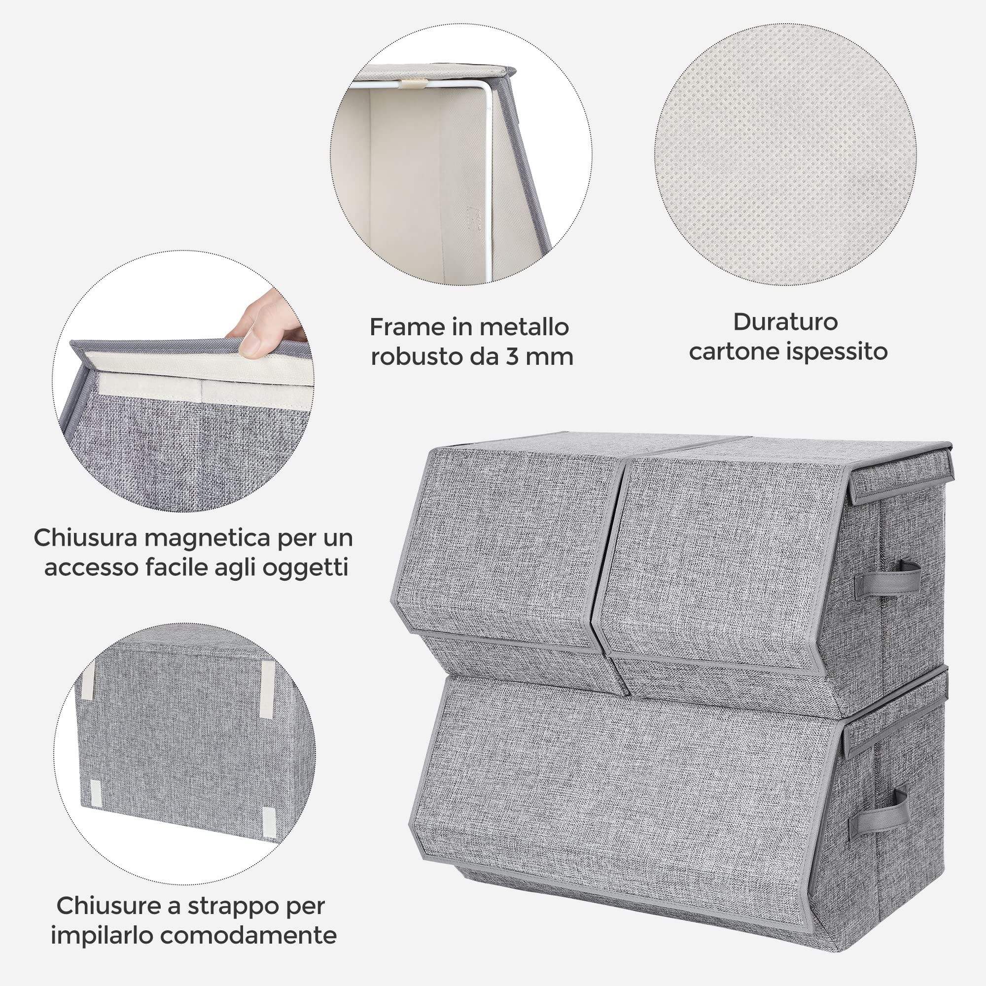 SONGMICS Scatole Portaoggetti Impilabili, Set di 3 Contenitori con Coperchio, Cornice di Metallo, Chiusura Magnetica, per Vestiti Giocattoli Libri, Grigio RLB12GY