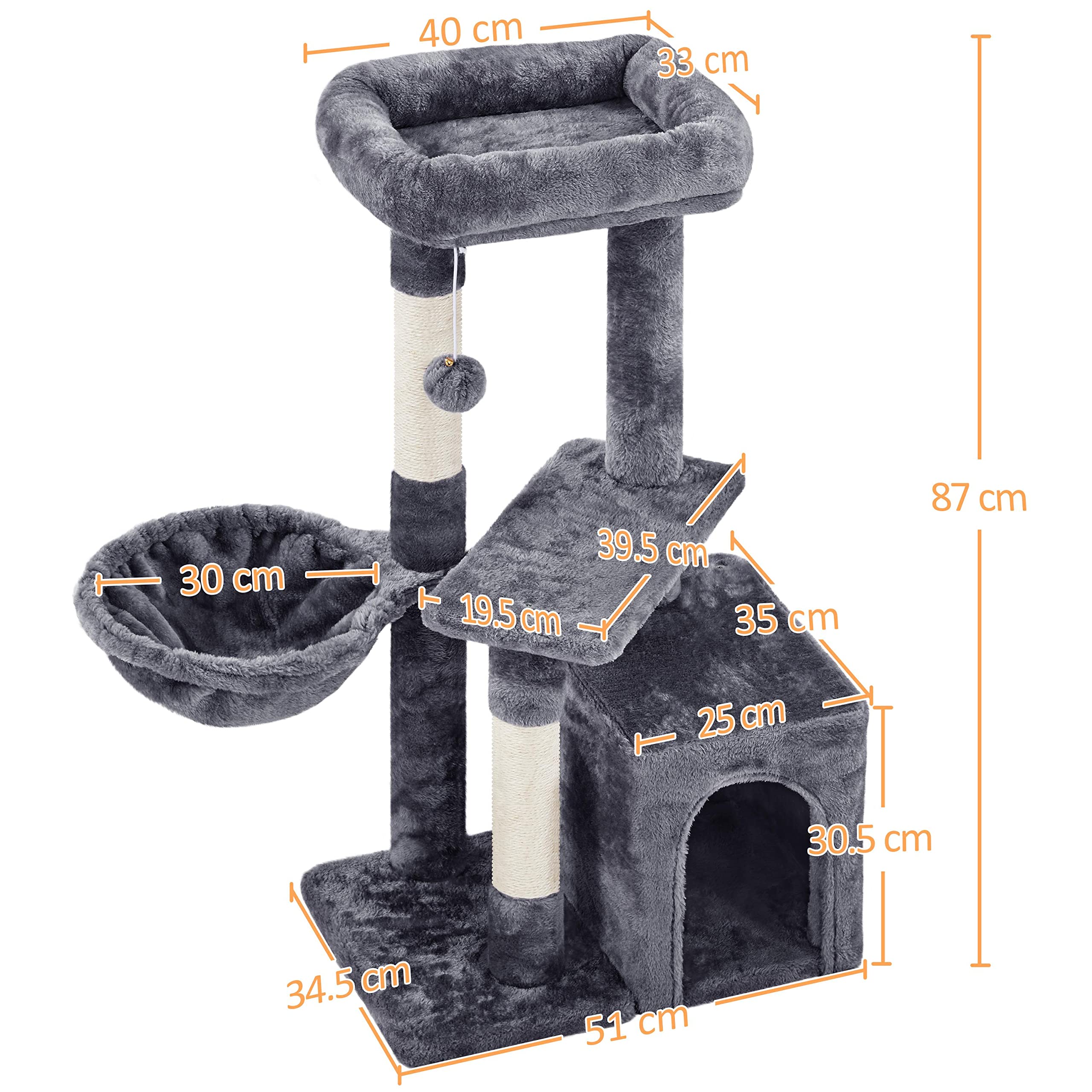 Yaheetech Petit Arbre à Chat Multiniveau Tour pour Chat avec Poteaux Griffoir Cordes Sisal Cachette Panier Niche Plateforme Boule Suspendue Arbre à Grimper 87 cm de Haut Gris Foncé
