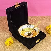 Vista 11 de SATVIK - Juego de 1 tazón de fuente para servir en relieve con diseño de flores de loto bañadas en oro y plata, con cuchara, para Navidad