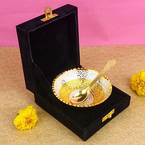 Miniatura 13 de SATVIK - Juego de 1 tazón de fuente para servir en relieve con diseño de flores de loto bañadas en oro y plata, con cuchara, para Navidad