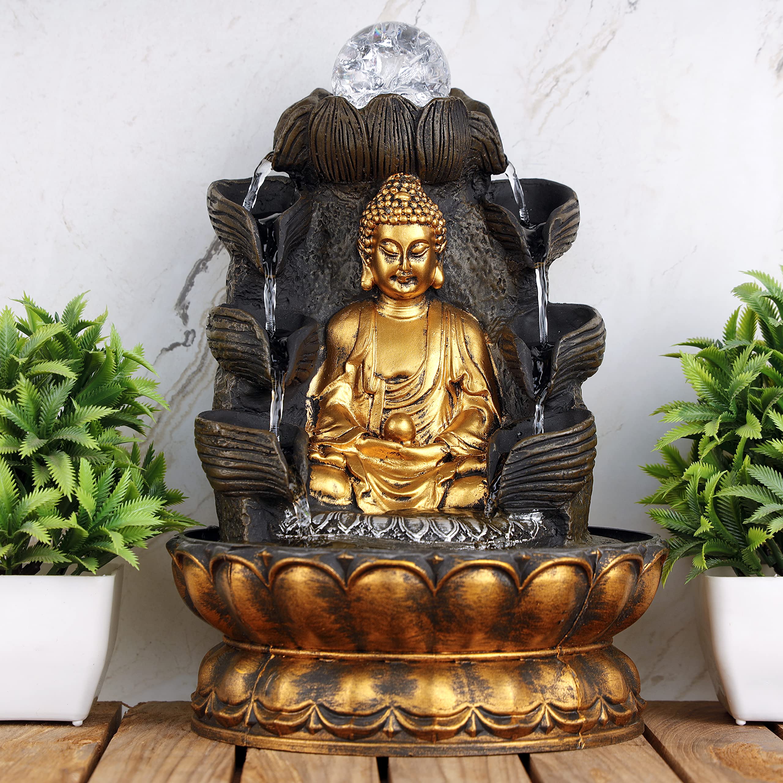 Global Grabbers Polyresin Table Top Indoor Outdoor Water Fall Fountain with LED Lights Home Decor Decoration Gift Gifting Items-GOL_BRO-BL-SF14-(0)