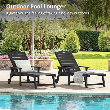LUE BONA Outdoor Chaise Lounge Chairs Set of 2, HDPS Lounge Chair, 5 Positions Adjustable Pool Lounge Chairs, Patio Furniture Sets with Wheels for Poolside, Hotel, Restaurant, Black