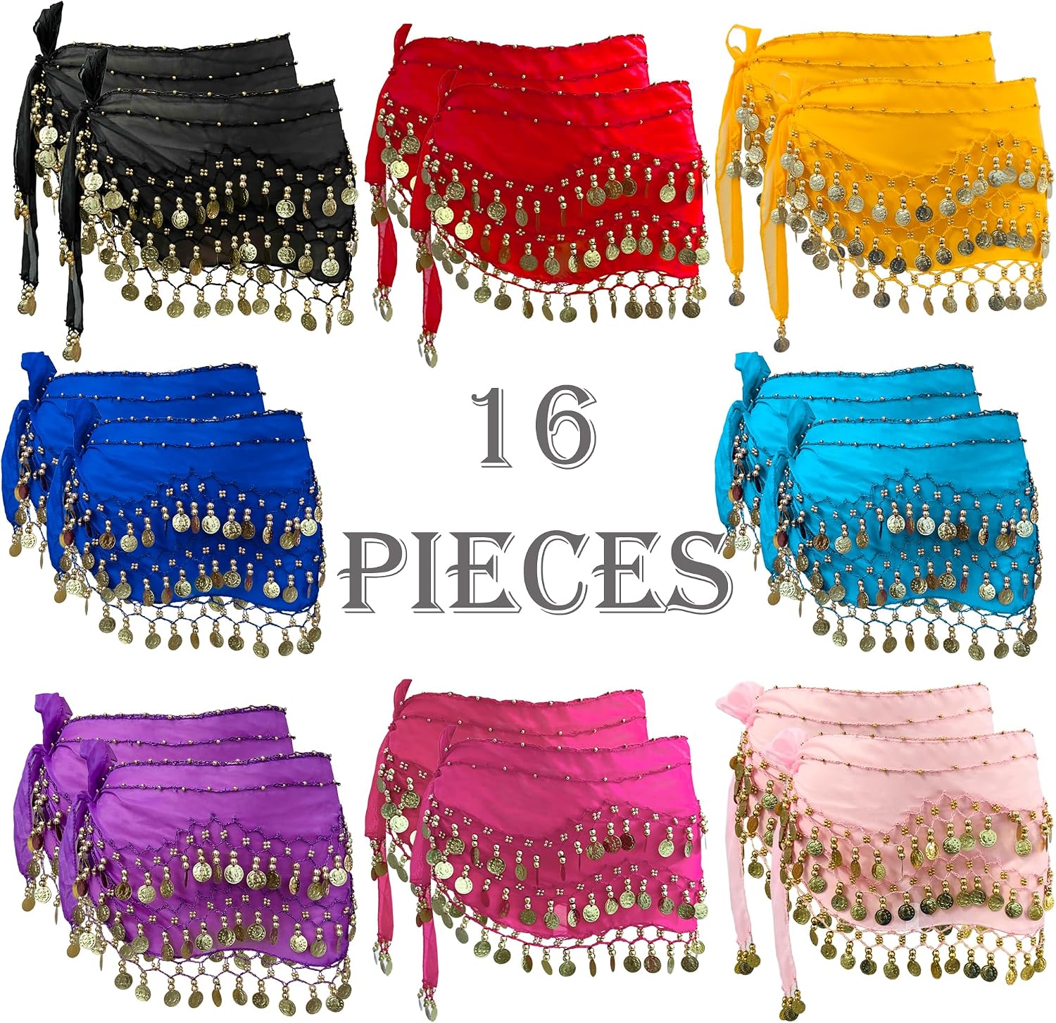 16 Pcs Belly Dance Hip Scarf with Gold Coins Lightweight and Durable Chiffon Belly Dance Skirt - Perfect for Belly Dancing 8 Colors