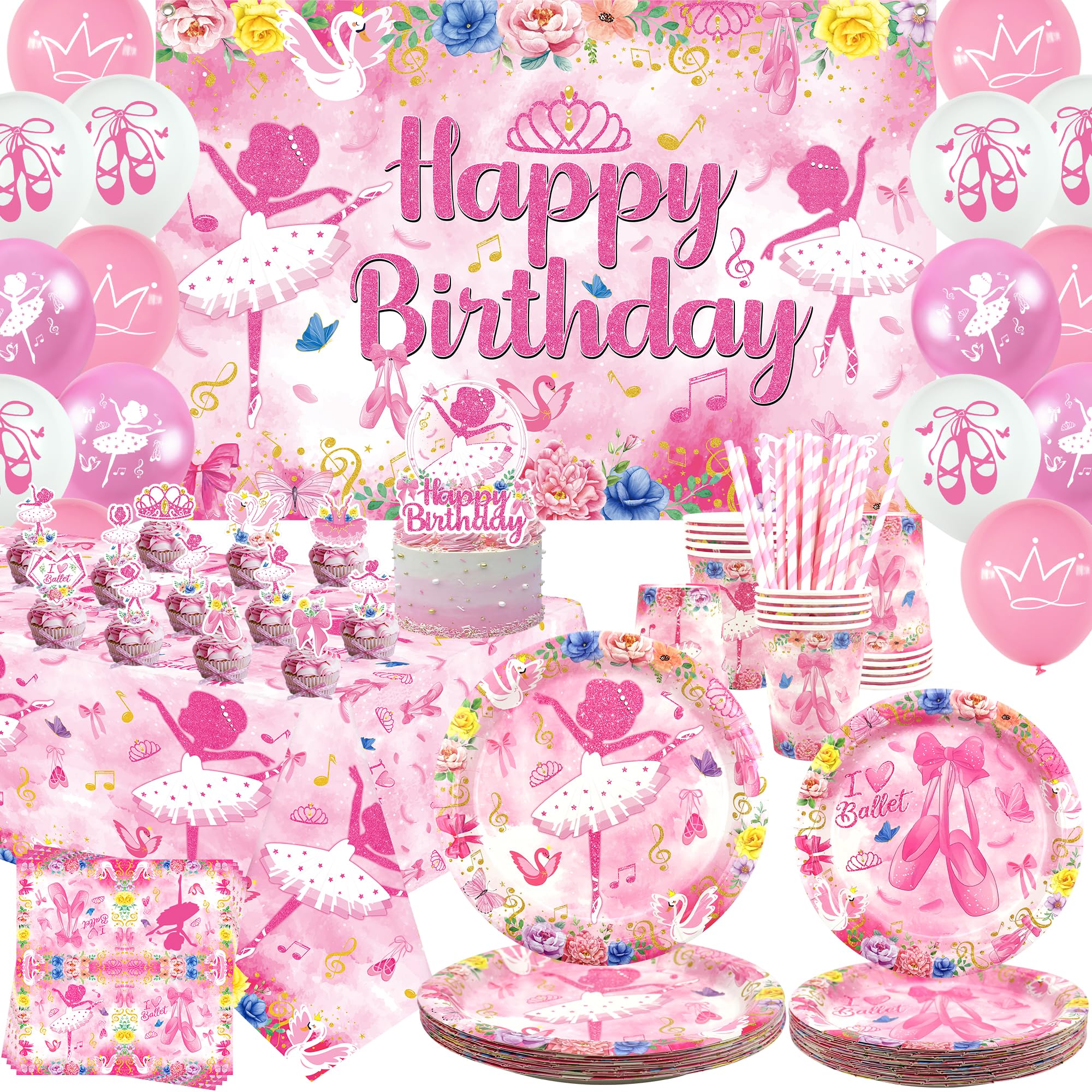 Decorazione di compleanno Ballerina e Balletto, piatti, tazze, asciugamani, tovaglioli, tovaglie, palloncini, decorazioni per torte per feste danzanti di ragazze e donne