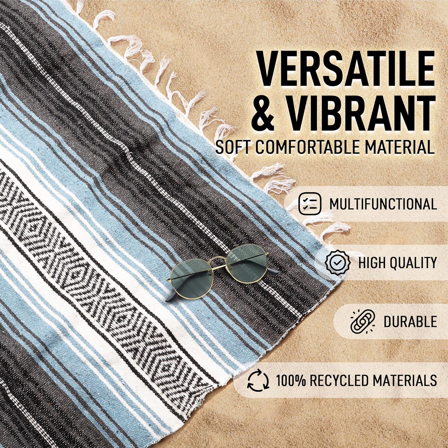 Hydration Nation Authentic Large Handwoven Mexican Blanket - Soft Yoga- Durable Serape- Lightweight Falsa, Beach, Camping, Picnic, Outdoor Blanket 70"x50" - Aqua Sky - Image 4