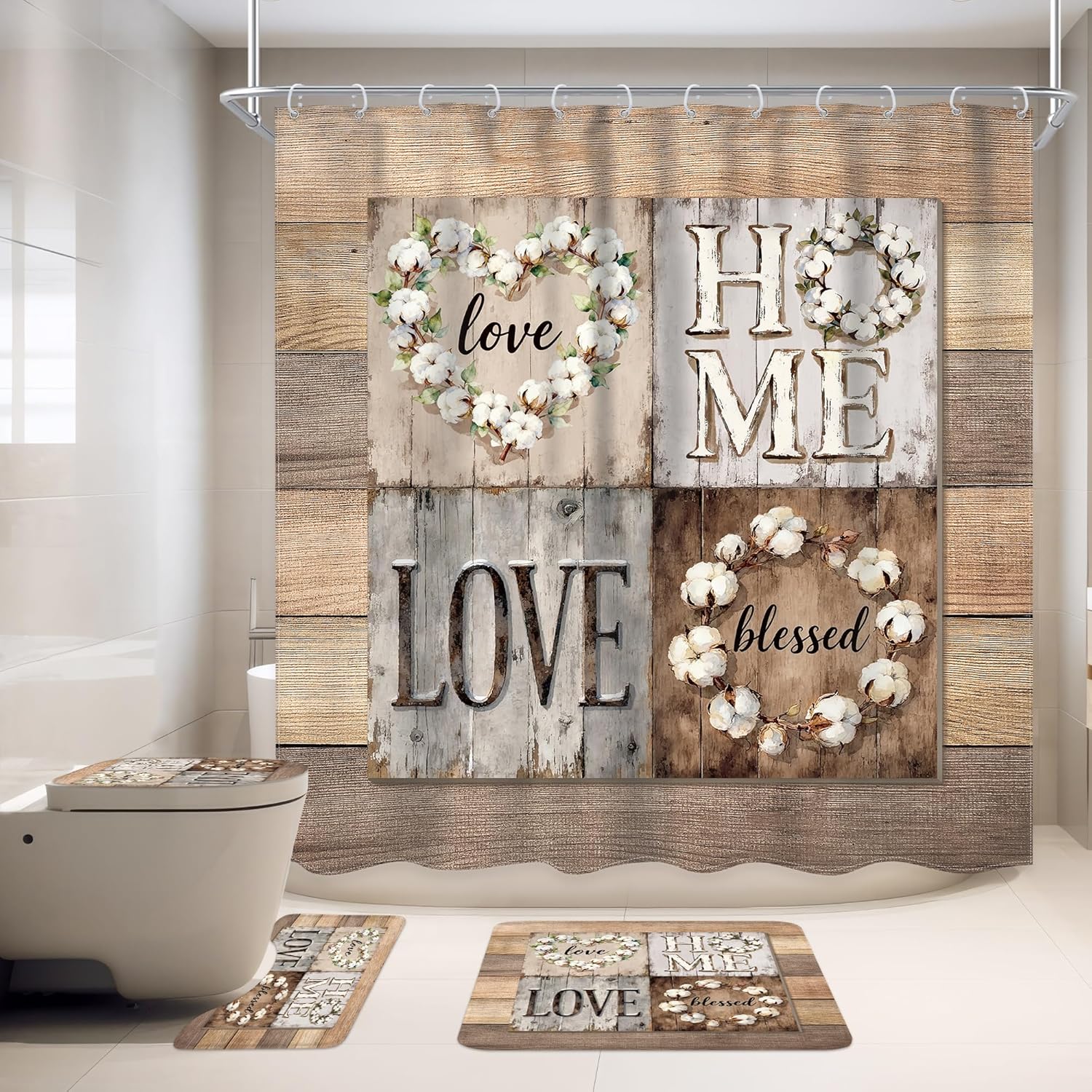 4 PCS Rustic Floral Bathroom Set with Shower Curtain and Rugs 72Wx72H Inch Flower Wood Country Farmhouse Non-Slip Bath Rug Toilet Lid Cover and U Shape Mat Accessories 12 Hooks Bathoom Decor