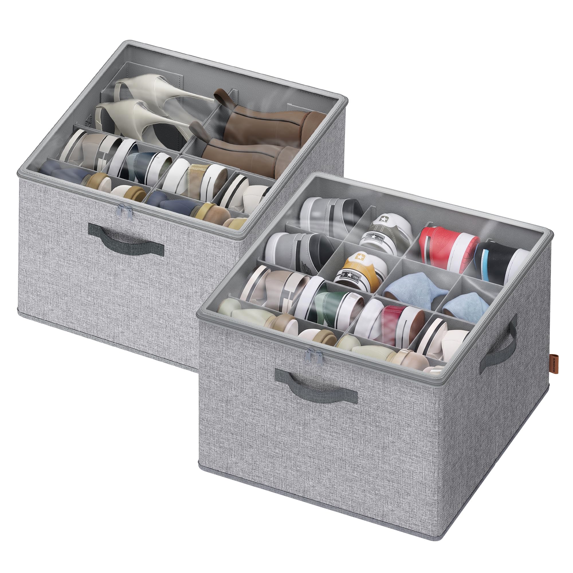 SONGMICS Scarpiera per armadio, scatola organizer per scarpe in tessuto con divisori regolabili, scomparti portaoggetti, impilabile, coperchio trasparente, per un massimo di 16 paia, set da 2, grigio