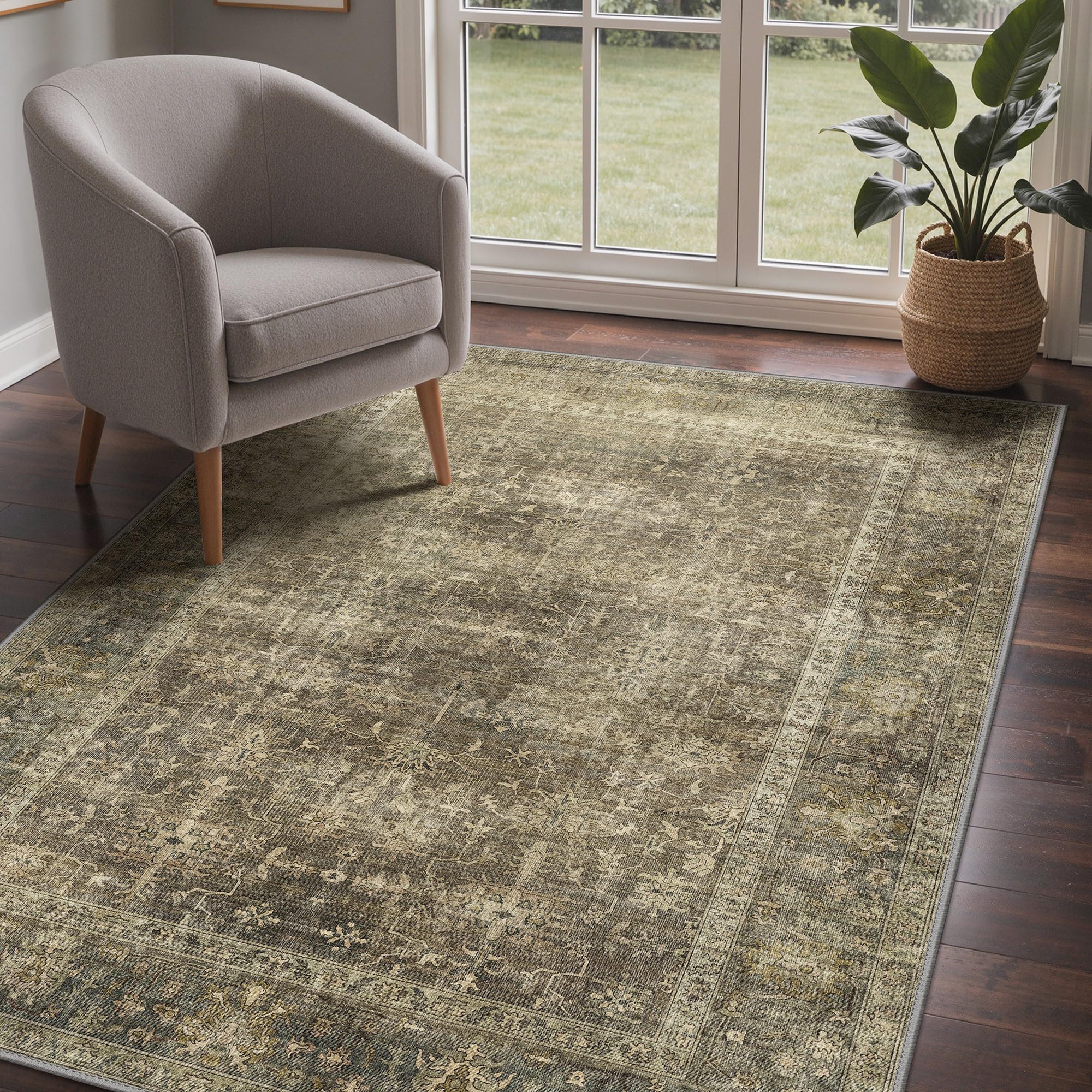 GENIMO Teppich Wohnzimmer 120X170 cm Waschbar Vintage Sandbraun