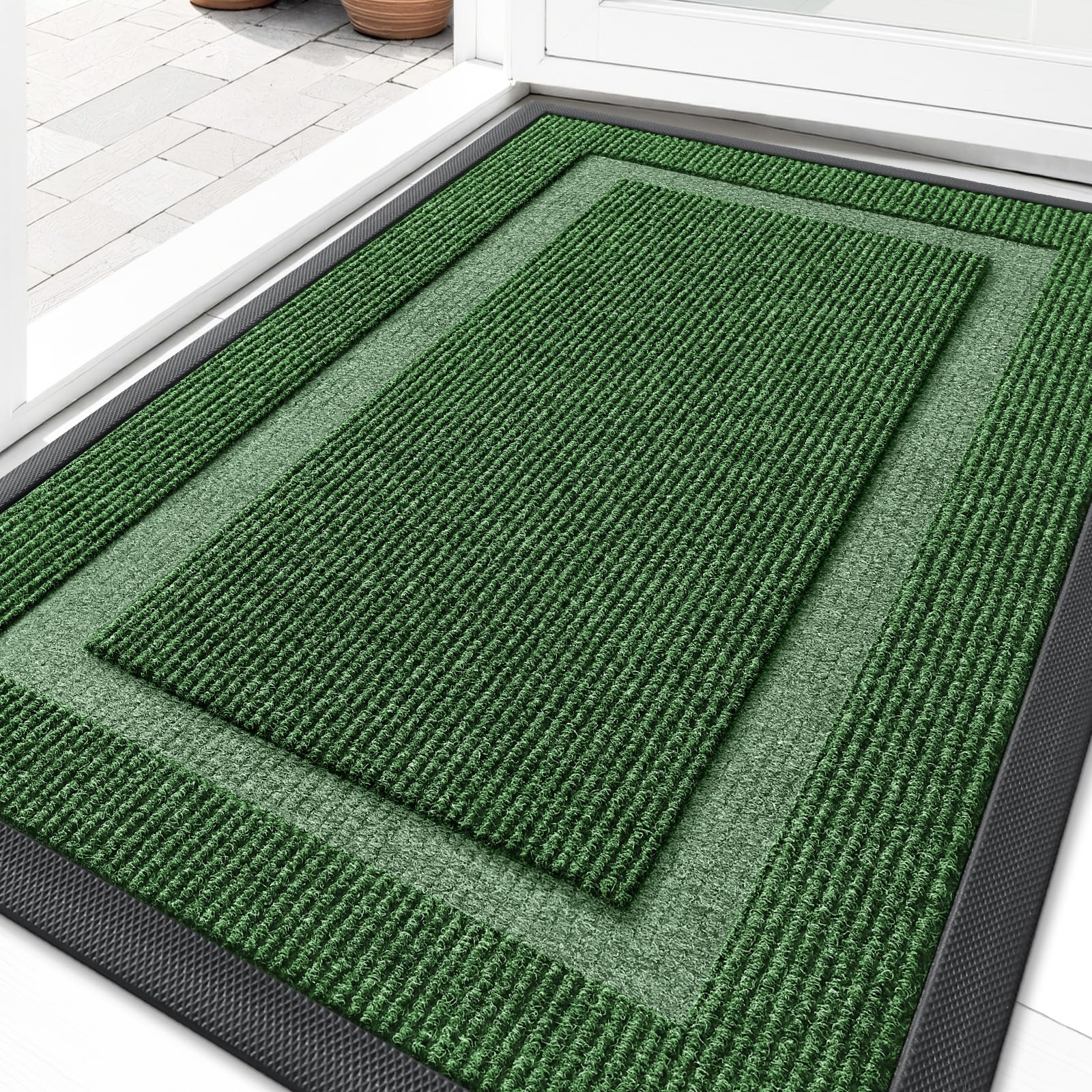 OLANLY Front Door Mat Indoor Outdoor Entrance, Waterproof All-Season, All-Weather Doormat, Sturdy Natural Rubber, Fade Resistant, Low Profile, Easy Clean Patio Porch Entryway Mat, 33x21, Green