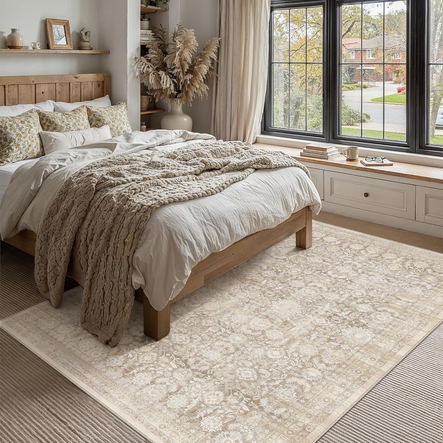 8x10 Beige Washable Neutral Area Rug Living Room Floral Non Slip Low Pile Large Rug Vintage Traditional Stain Resistant Distressed Carpet Bedroom Dining Room Office Playroom