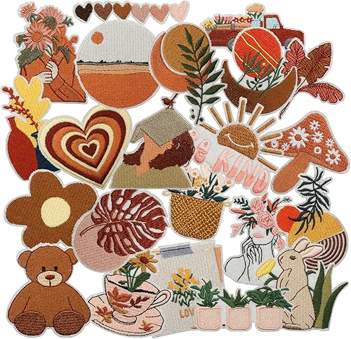 24 parches para planchar y coser, apliques bordados de color marrón, decoración de moda para ropa, sombrero, bolso, vestido, camisa, jeans