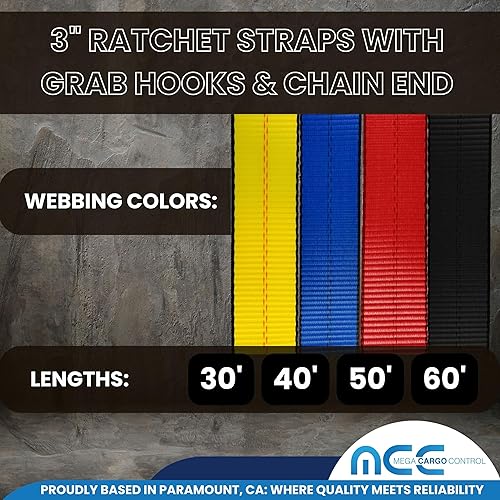 Miniatura 3 de Mega Cargo Control Correas de trinquete de 3 pulgadas x 60 pies con ganchos de agarre y extremo de cadena, correas de anclaje azules, 1 paquete