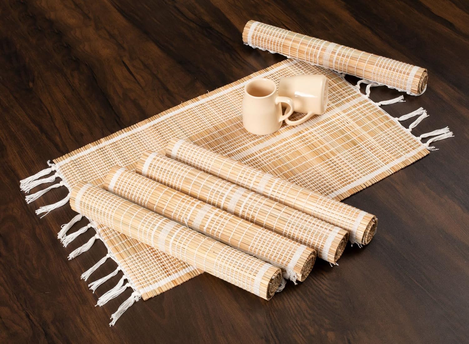 LFH Home Handmade Straw Decorative Samba Woven Placemat Pack of 6, Yellow Stripes Table Mat for Dinner Table Kitchen Family Chritsmas Party Décor - 12x18 Inch - White